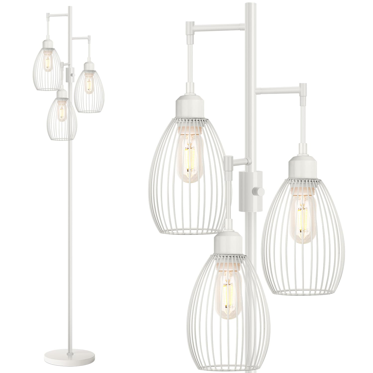 Dimmable Industrial Farmhouse Floor Lamp with 3 x 800LM LED Edison Bulbs - Elegant Teardrop Cage Design Standing Lamp for Living Room, Bedroom, Office & Dining Room - Perfect for Reading, Relaxing & Ambient Lighting - White