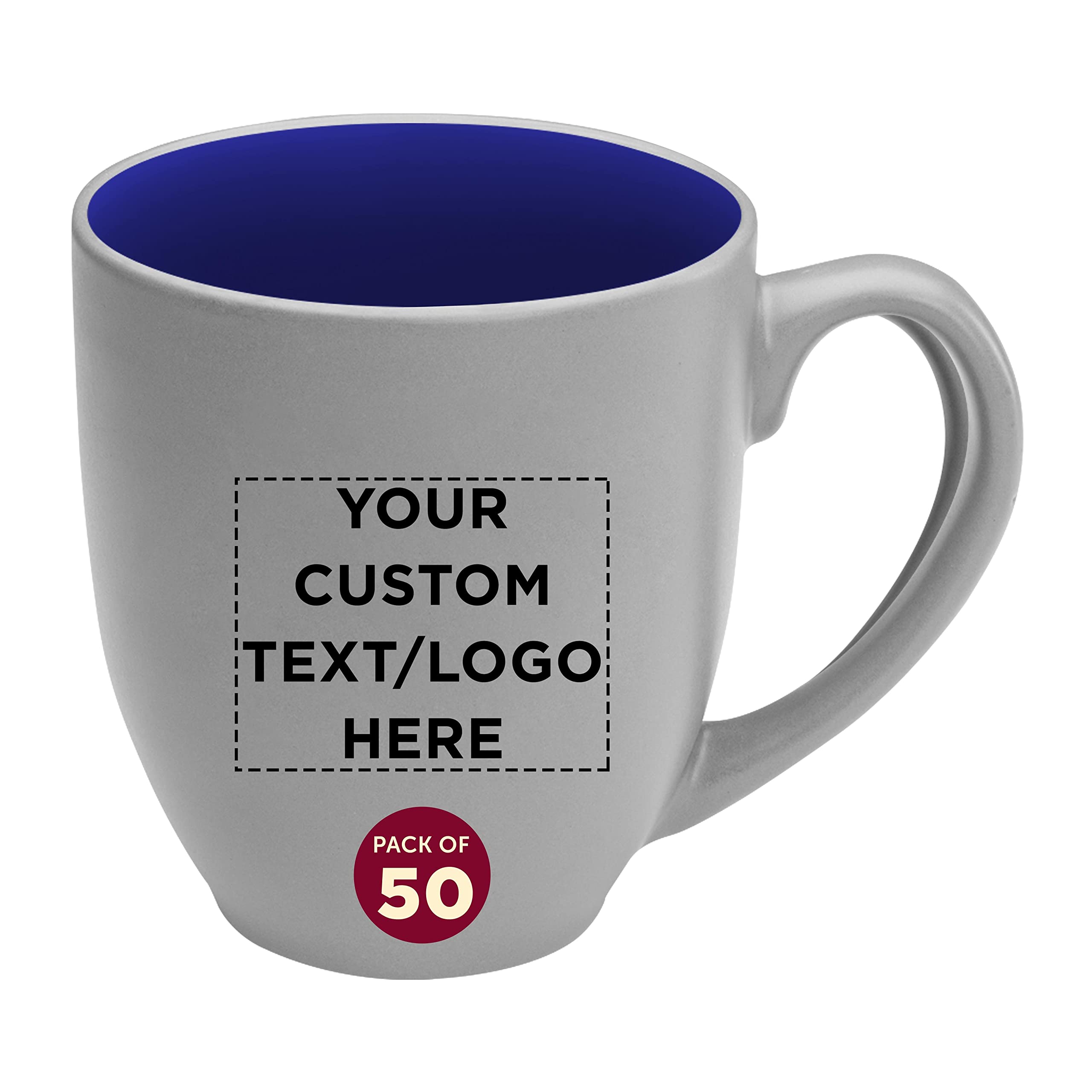 Customized 16oz Two-Tone Coffee Mugs Bulk Set of 50 - Personalized Pop-Out Bistro Mugs for Coffee, Hot Chocolate & Beverages - Blue - Ideal for Cafes, Restaurants, Corporate Gifts & Events