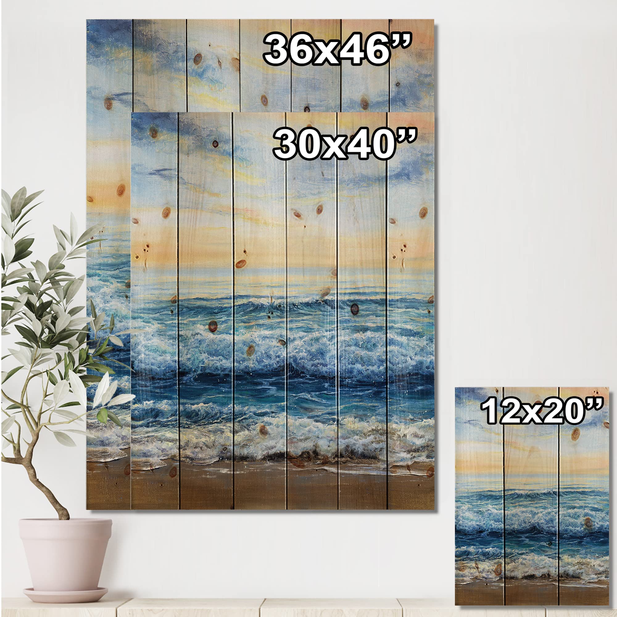 DesignQ Ocean Waves At Dawn Nautical Coastal Wood Wall Decor - Blue Wood Wall Art for Beach House - Large Pine Wood Wall Panels with Printed Seascape - Perfect for Living Room, Bedroom & Coastal Home Decor