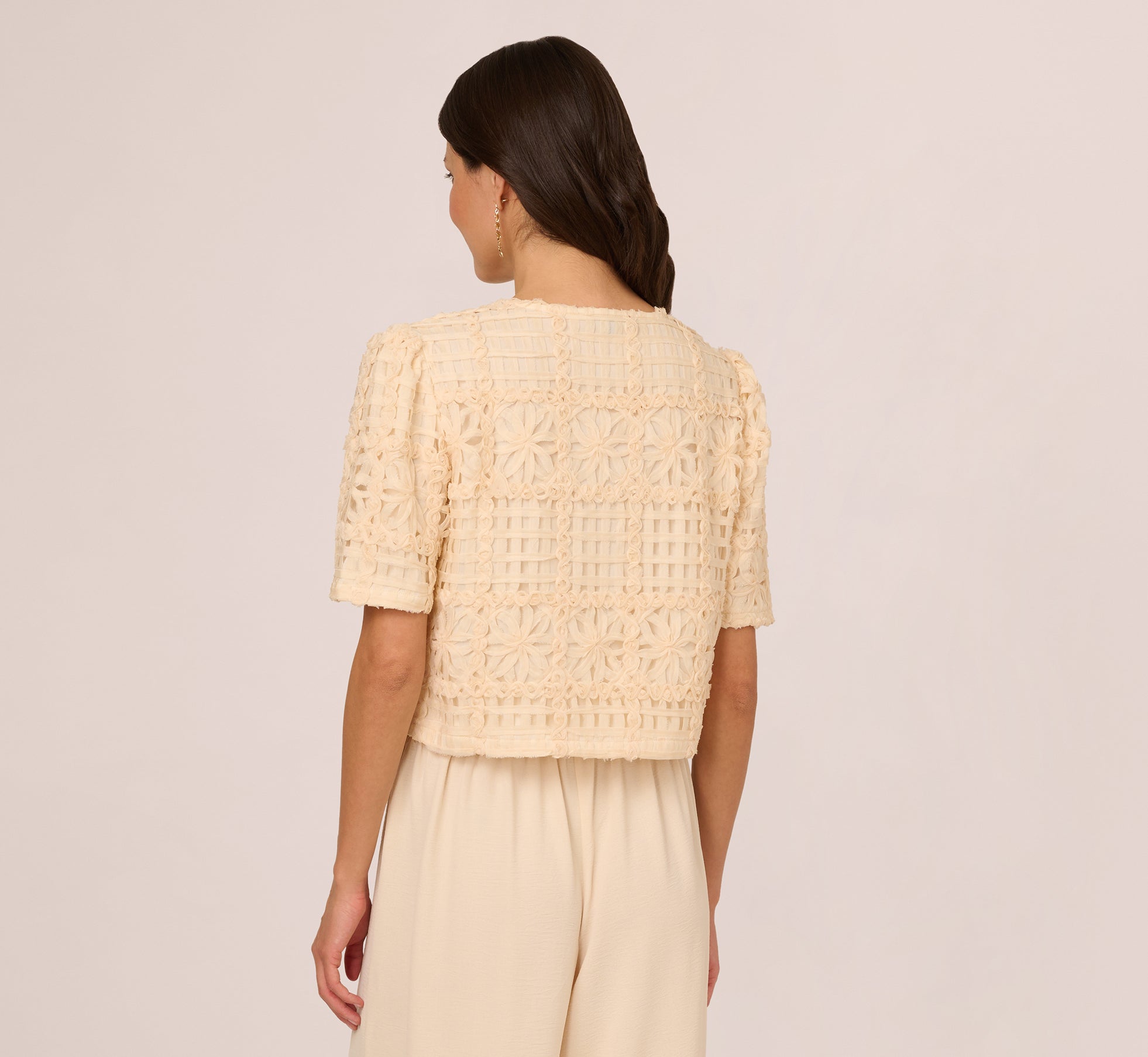 Elegant Short Sleeve Chiffon Soutache Jacket in Cannoli Cream - Perfect for Summer Weddings, Garden Parties & Casual Outings
