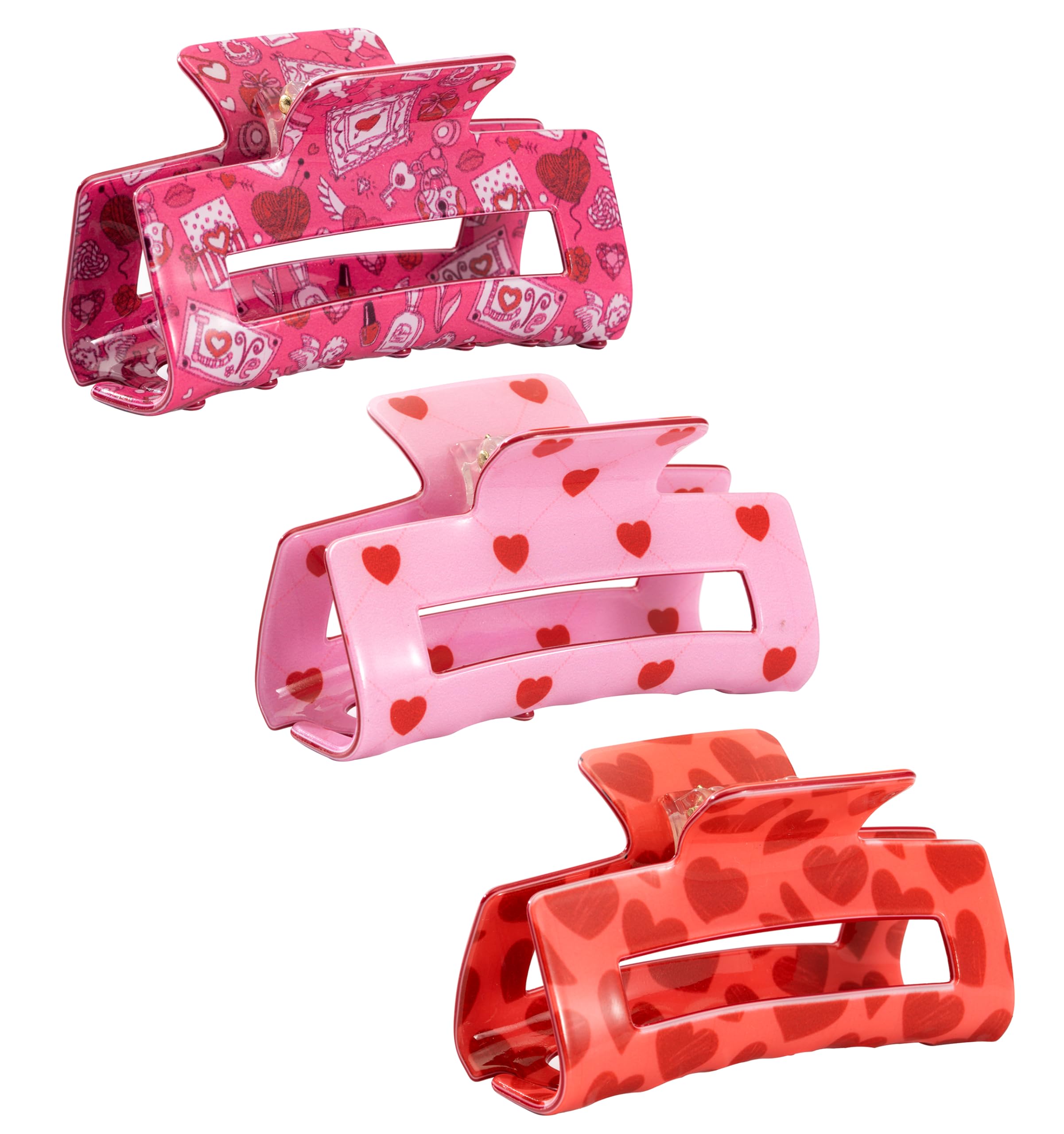 Valentine's Day Heart Hair Claw Clips for Women - 3PCS Pink, Hot Pink, Rosy Candy Acrylic Hair Clips, Non-Slip Medium Size (3 Inch) for Thin or Thick Hair - Perfect for Valentine's Gifts, Date Nights, and Everyday Styling