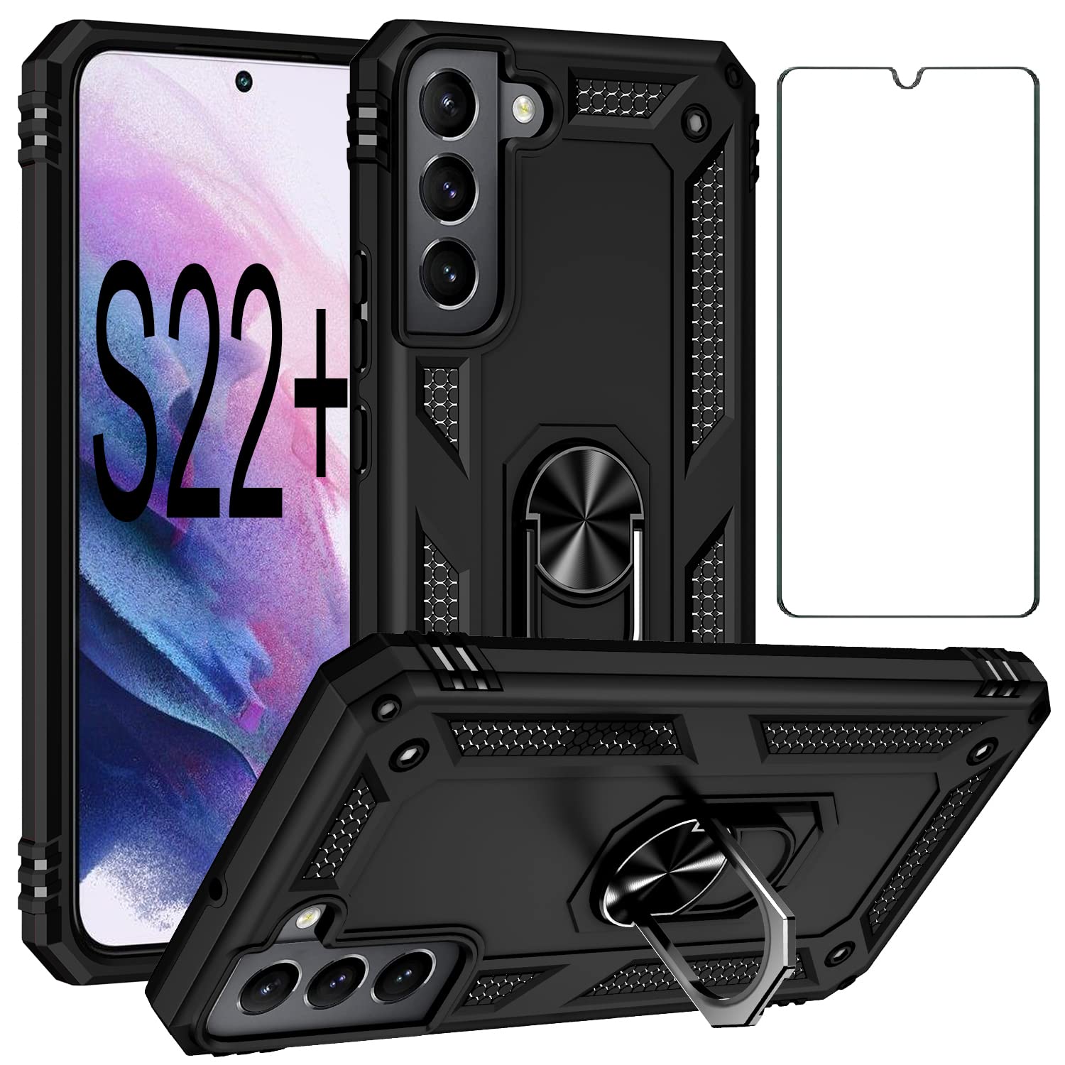 **Samsung Galaxy S22+ Plus 5G Phone Case with Built-in Screen Protector & Ring Holder - Heavy Duty Shockproof Cover for Women (Black) - Perfect for Work, Travel & Outdoor Activities**
