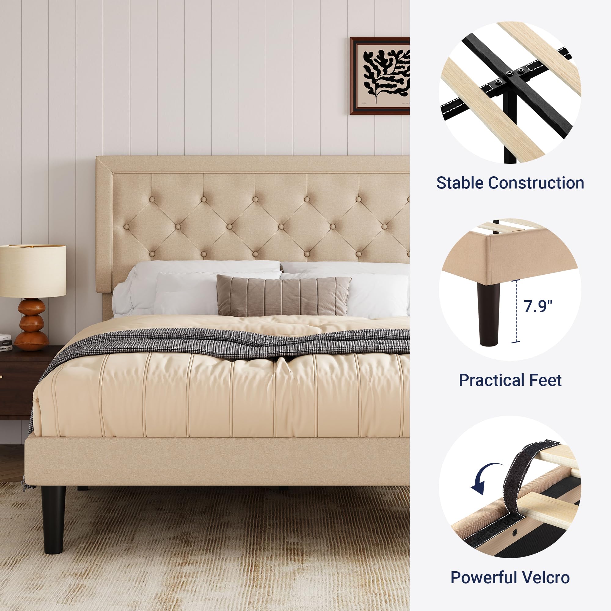 Allewie Full Size Button Tufted Fabric Upholstered Bed Frame with Adjustable Headboard, Wood Slat Support & Mattress Foundation in Beige - Perfect for Master Bedrooms, Guest Rooms & Modern Home Decor