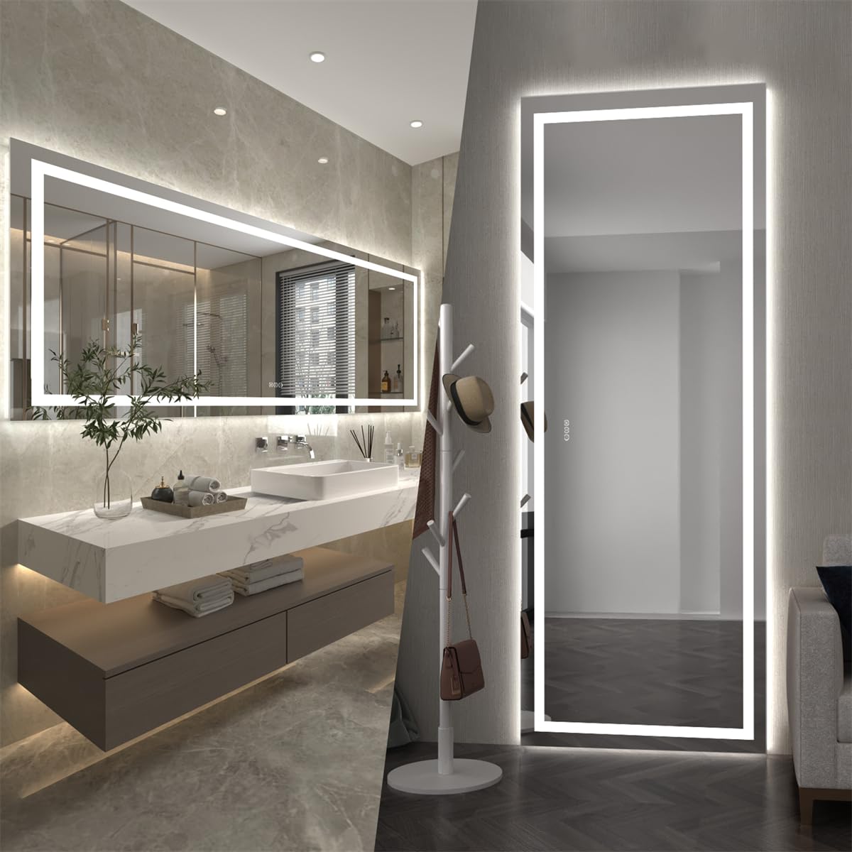ExBrite 96x36 Inches LED Bathroom Mirror with Anti-Fog & Dimmable Light - Wall Mounted Vanity Mirror with Dual Lighting Modes, Tempered Glass - Perfect for Modern Bathrooms, Dressing Rooms & Makeup Areas