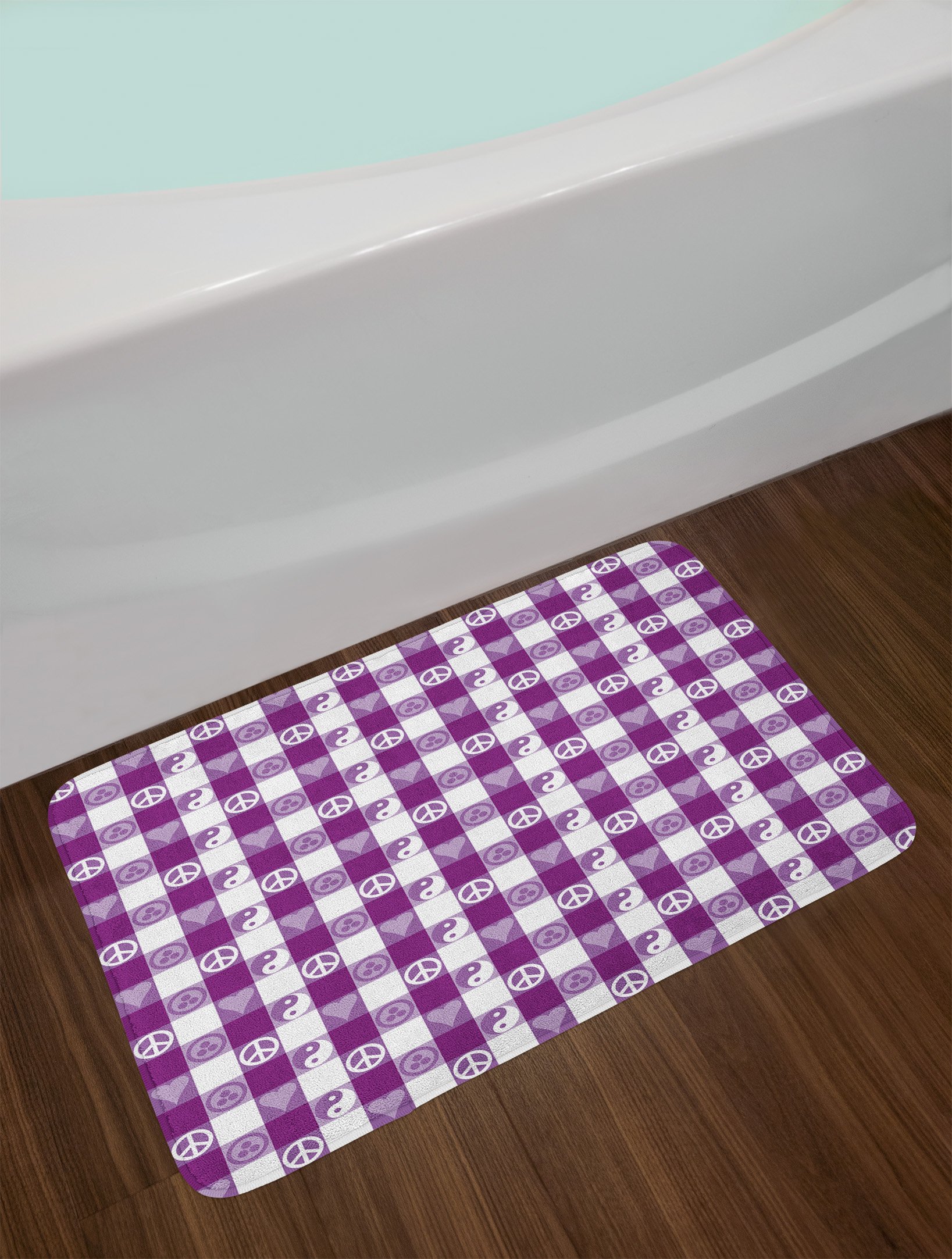 Ambesonne Plush Bath Mat with Non-Slip Backing - Yin Yang Hearts Peace Design in Magenta Lavender White, 30.2
