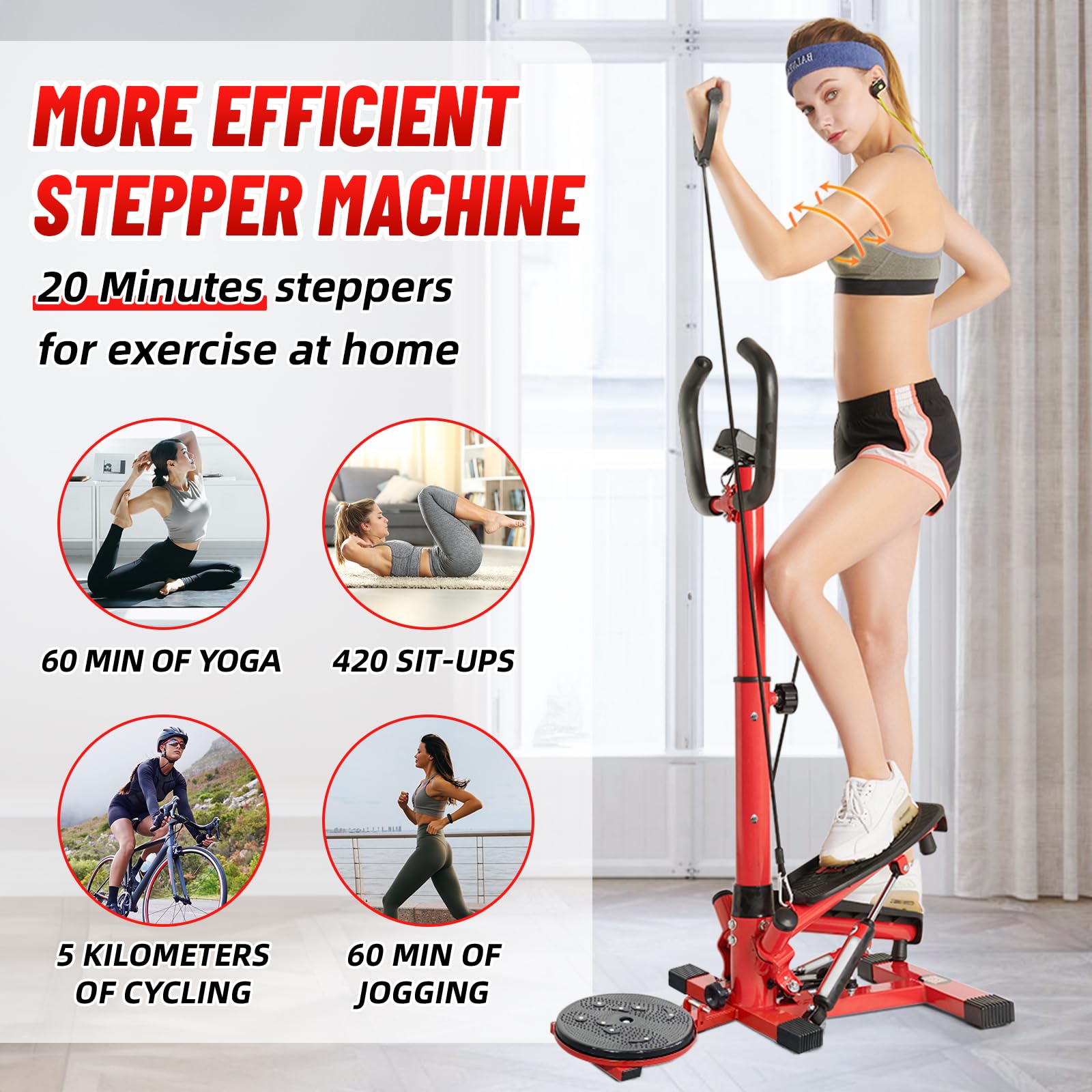 Mini Stepper with Handlebar & Resistance Bands - 330lbs Capacity Twist Stepper Machine for Home Cardio, Full-Body Workout & Fitness - Perfect for Small Spaces, Office Exercise & Weight Loss (Red)