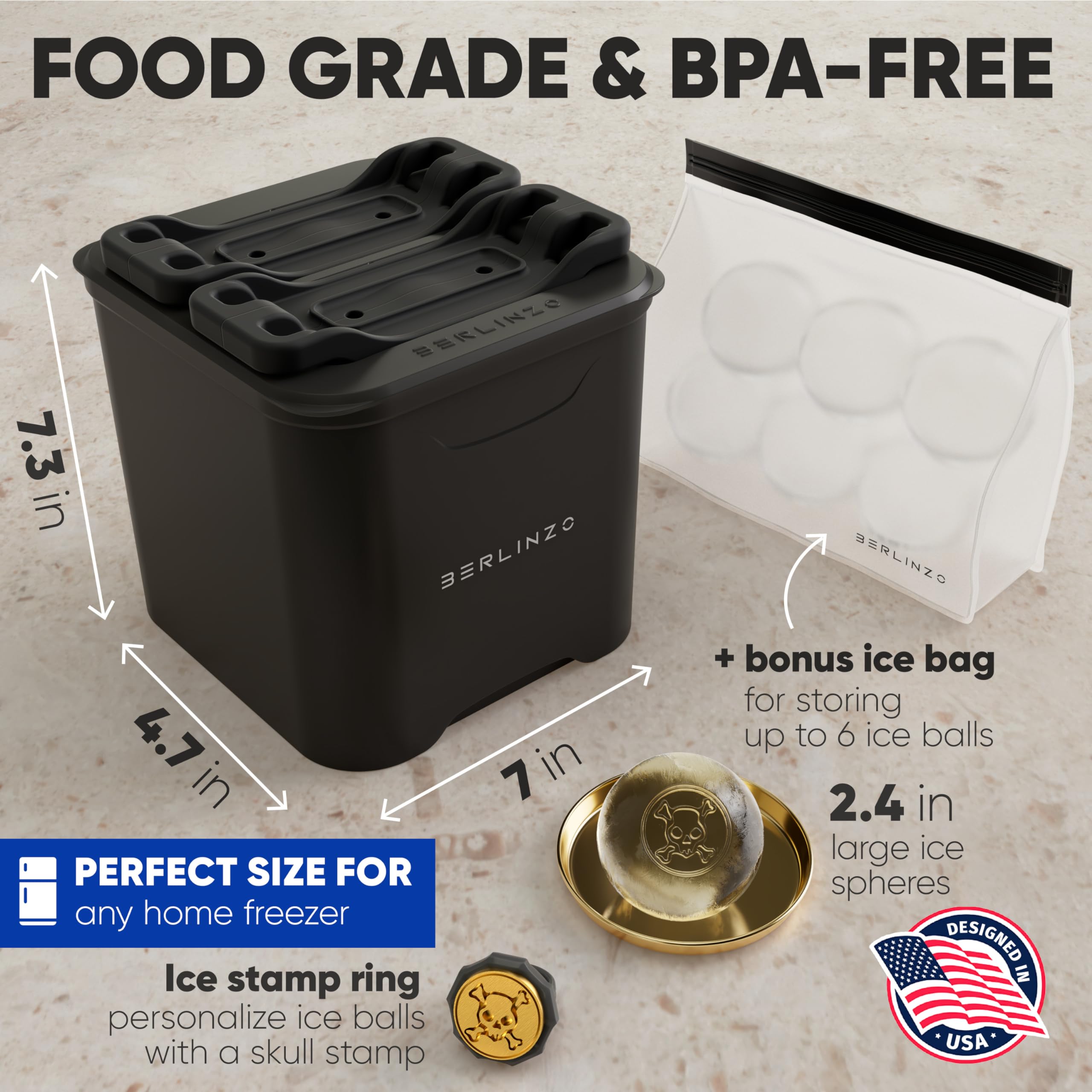 Berlinzo Premium Clear Ice Ball Maker Mold - 4 Large 2.4-inch Crystal Clear Ice Spheres for Whiskey, Bourbon & Cocktails | Easy-to-Remove Silicone Mold with Storage Bag & Ice Press Stamp Ring | Perfect for Home Bars, Parties & Gifts (Black)