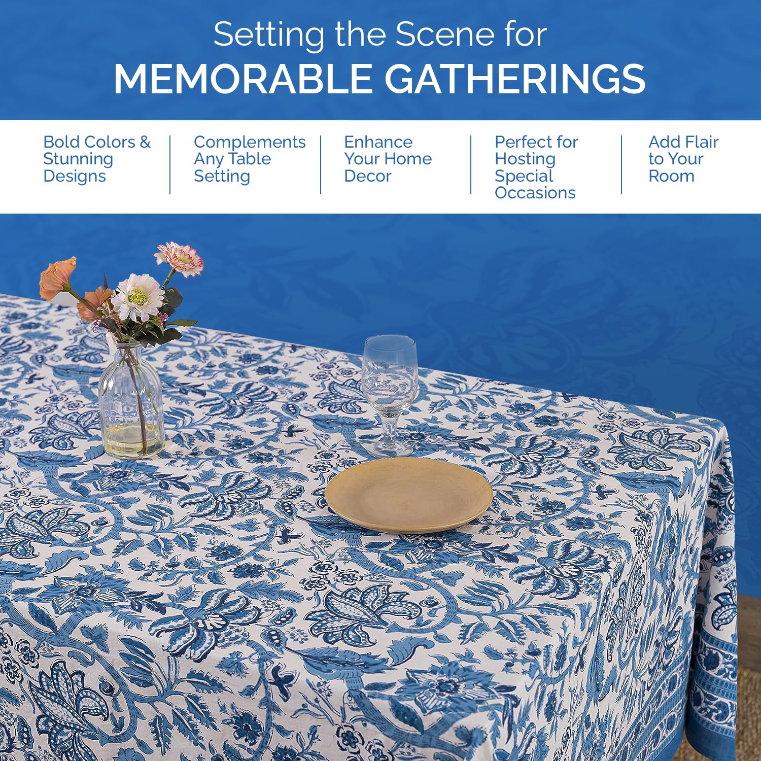 Handblock Printed Indian Cotton Tablecloth 72x135 Inch – Floral Country Style Rectangular Dining Table Cover for 10-Seater | Blue Spring Easter Bridal Party Baby Shower Decoration | Perfect for Weddings, Holiday Dinners & Special Occasions