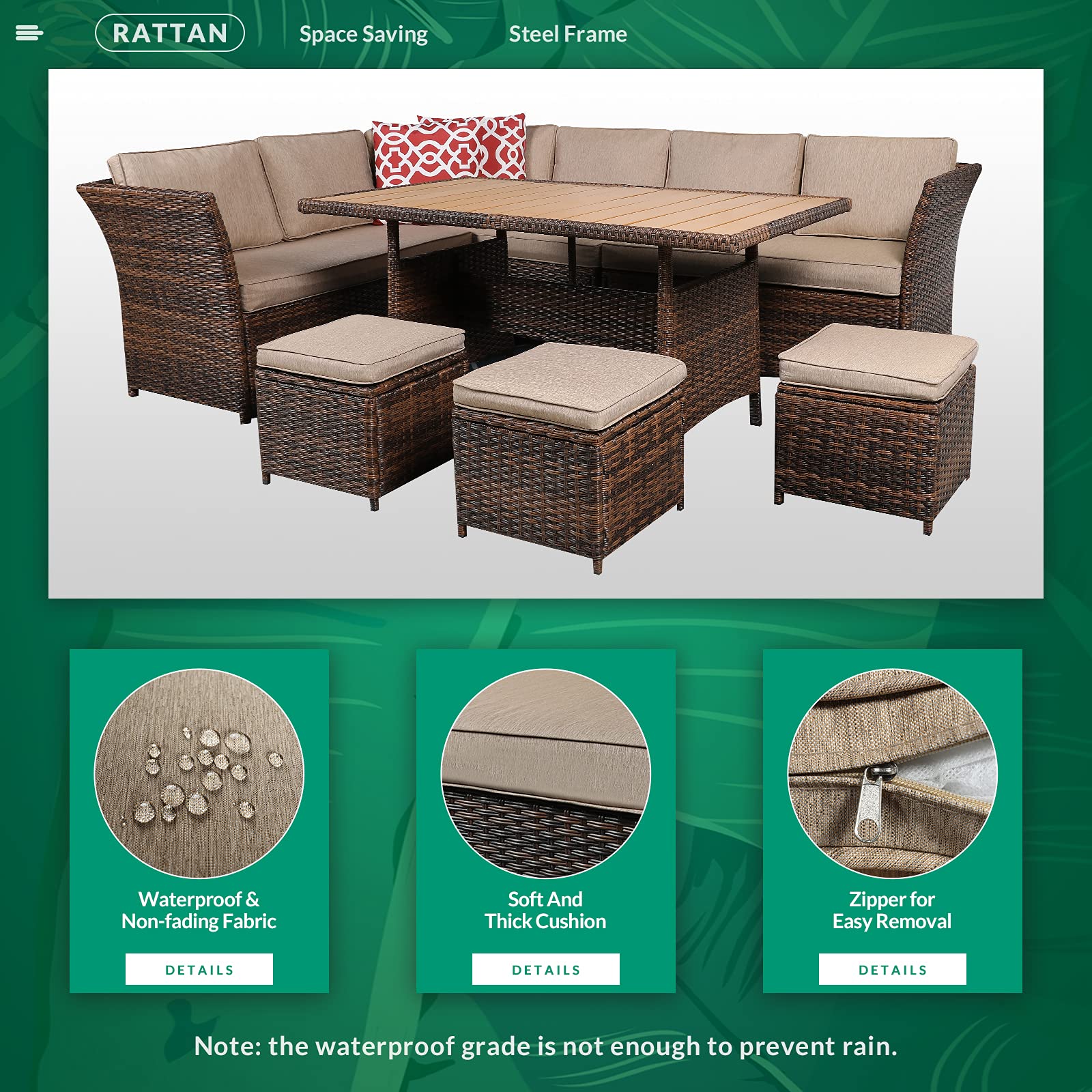 VIVIJASON 7-Piece All-Weather Wicker Patio Furniture Set - Outdoor Sectional Sofa with Ottoman, Garden Dining Table & Chairs, Brown Rattan Conversation Set for Backyard, Poolside & Terrace Relaxation