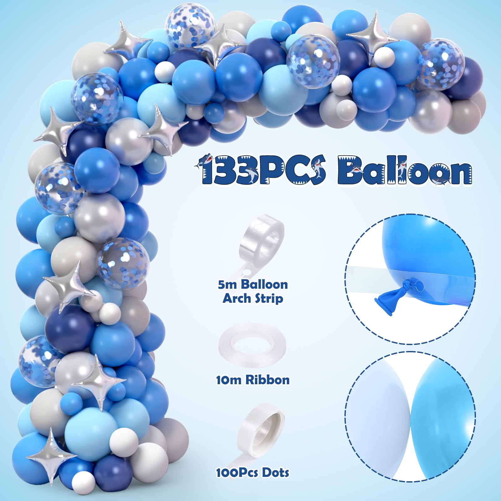 **Winrayk 145Pcs Shark Birthday Party Decorations Kit - Ocean Themed Balloon Garland Arch, Backdrop, Tablecloth & Star Balloons for Kids Boys - Perfect for Under the Sea Birthday Party, Baby Shower & Themed Events**