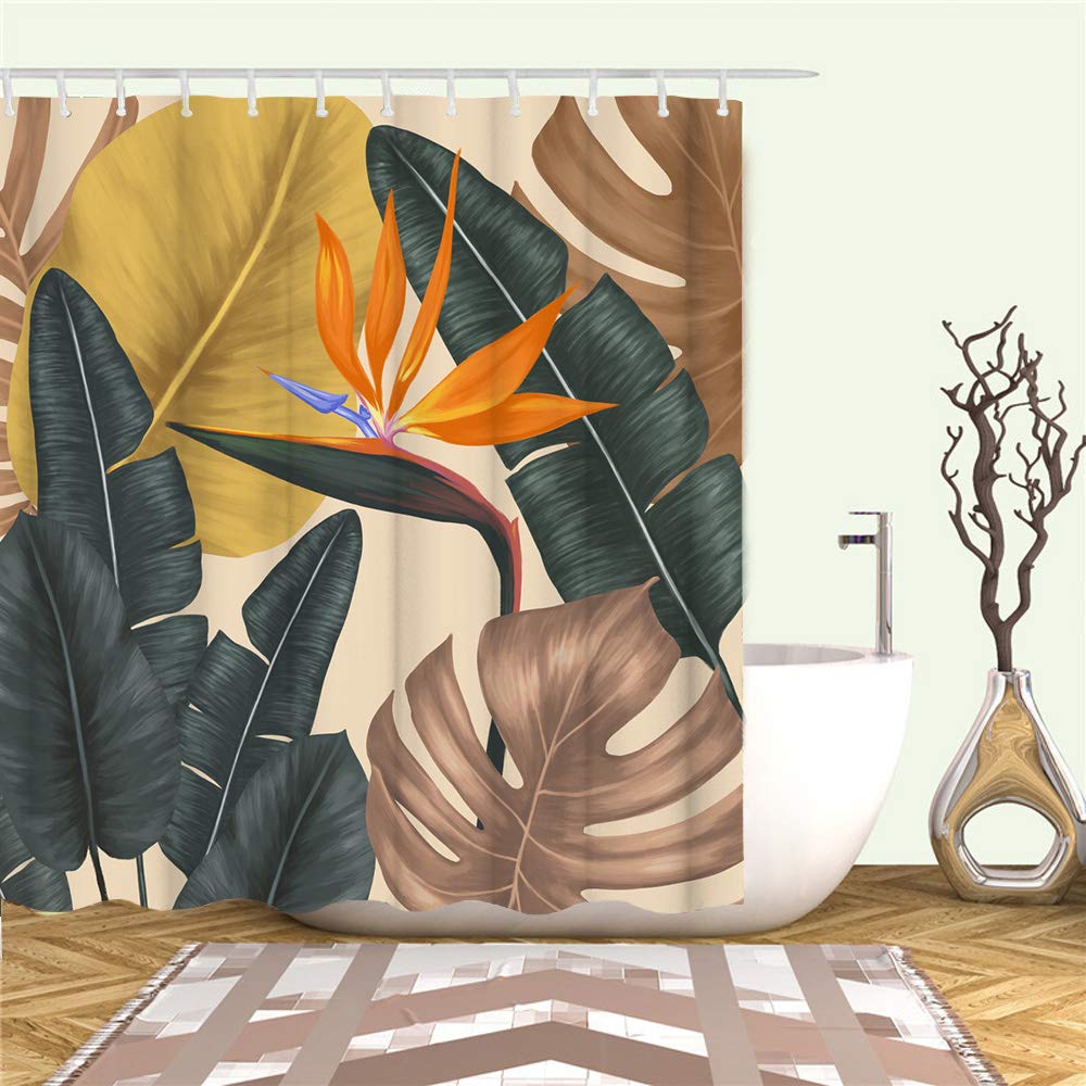 Tropical Shower Curtain - Bird of Paradise & Palm Leaf Design, Retro Hawaii Bathroom Decor with Hooks, 72x72 Inches, Brown - Perfect for Beach-Themed Bathrooms and Vacation Home Decor