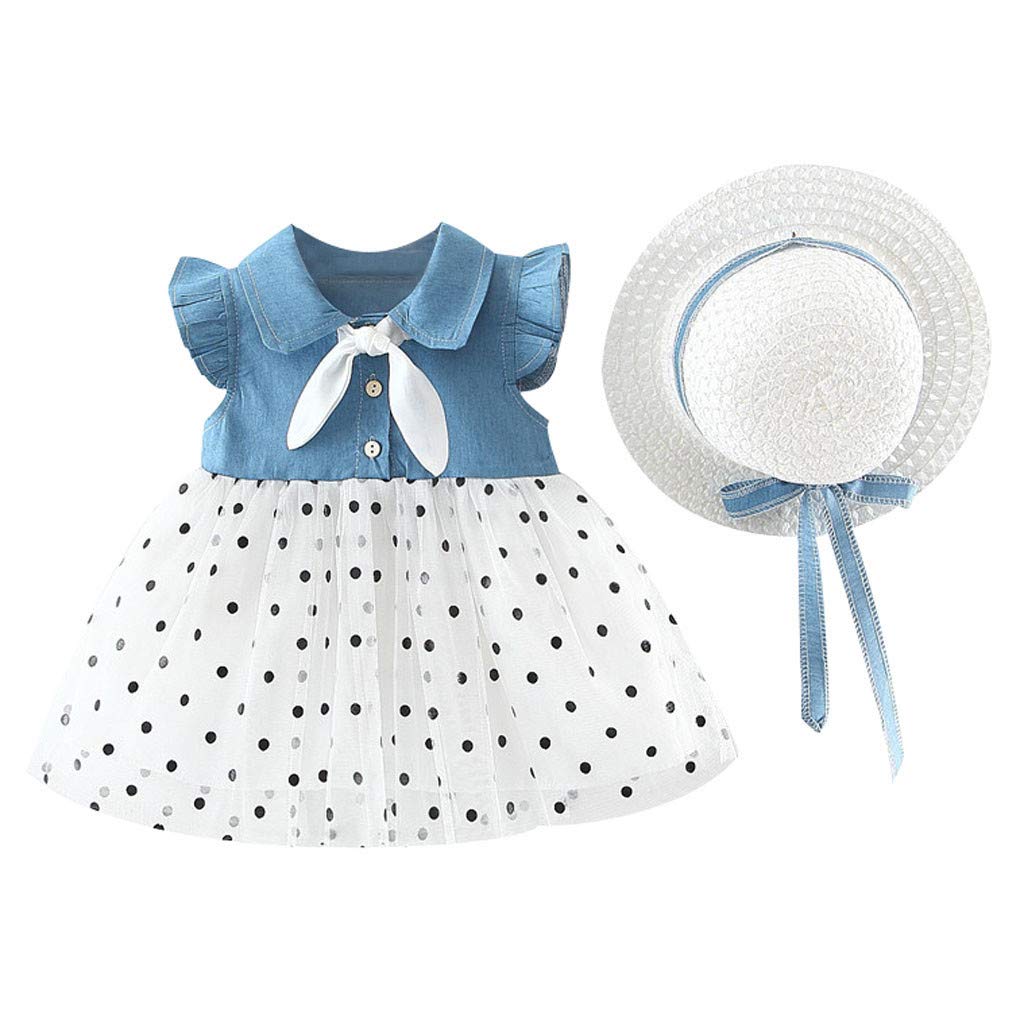 QiDeMao Baby Girls Ruffle Denim Dress - Sleeveless Summer Beach Sundress with Tutu Skirt & Matching Straw Hat | Perfect for Outdoor Play, Photoshoots & Princess-Themed Parties