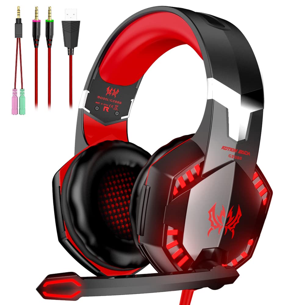 VersionTECH. G2000 Gaming Headset with Noise Cancelling Mic - Bass Surround Sound, LED Lights, Soft Memory Earmuffs for PS5, PS4, Xbox One, PC, Mac, Nintendo NES - Perfect for Competitive Gaming & Online Chat (Red)