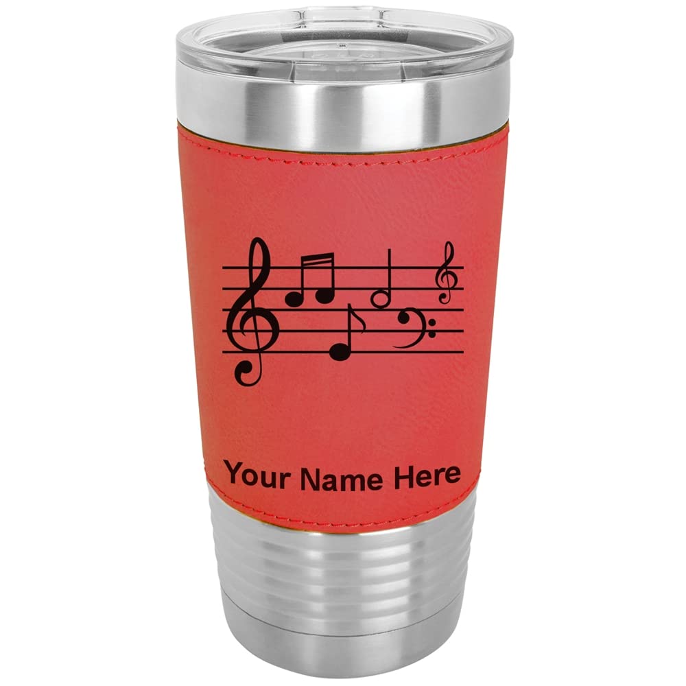 LaserGram 20oz Vacuum Insulated Stainless Steel Tumbler Mug with Music Staff Design - Personalized Engraving, Faux Leather Wrap & Leak-Proof Lid - Perfect for Coffee, Tea, Cold Drinks - Great Gift for Musicians, Office, Travel & Outdoor Activities (Red)