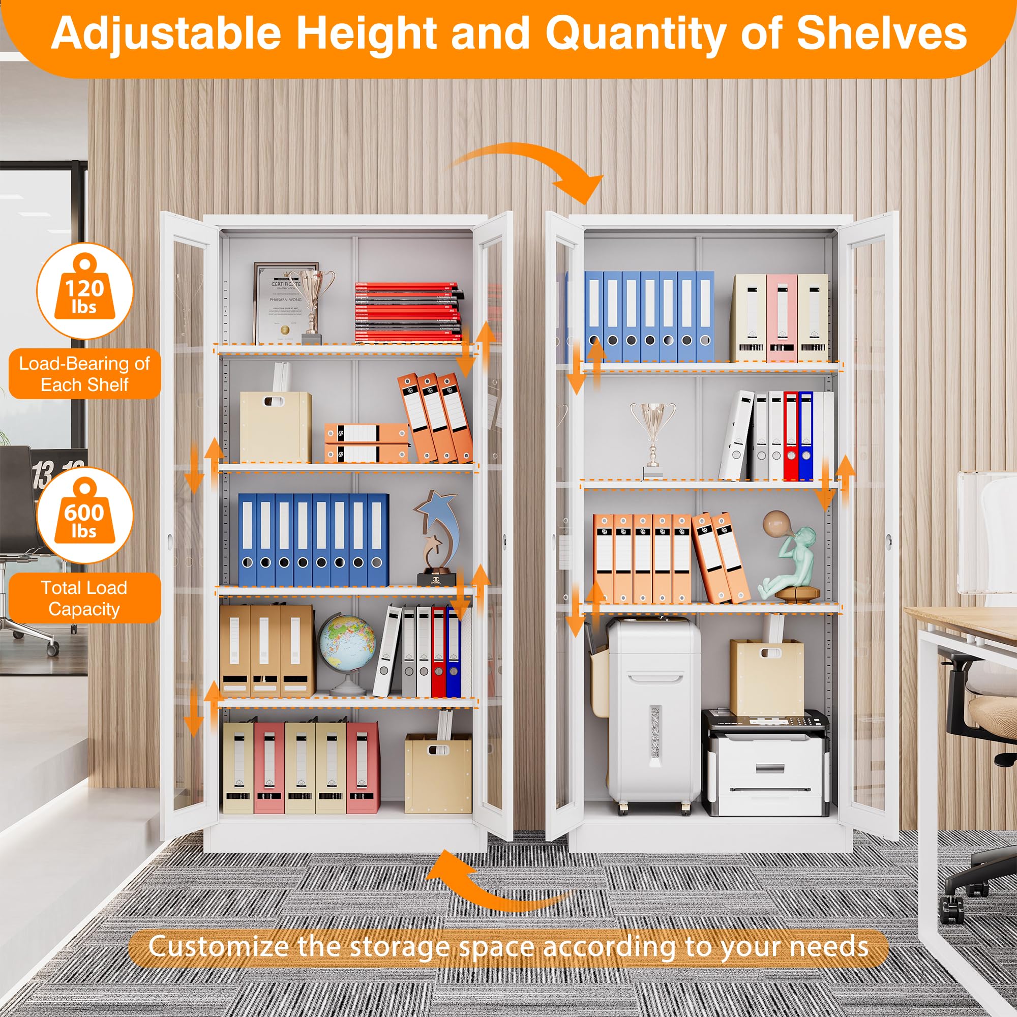 Tall Display Storage Cabinet with Tempered Glass Door - 4 Adjustable Metal Shelves for Home Office, Living Room & Study - White | Perfect for Organizing Books, Decor & Office Supplies