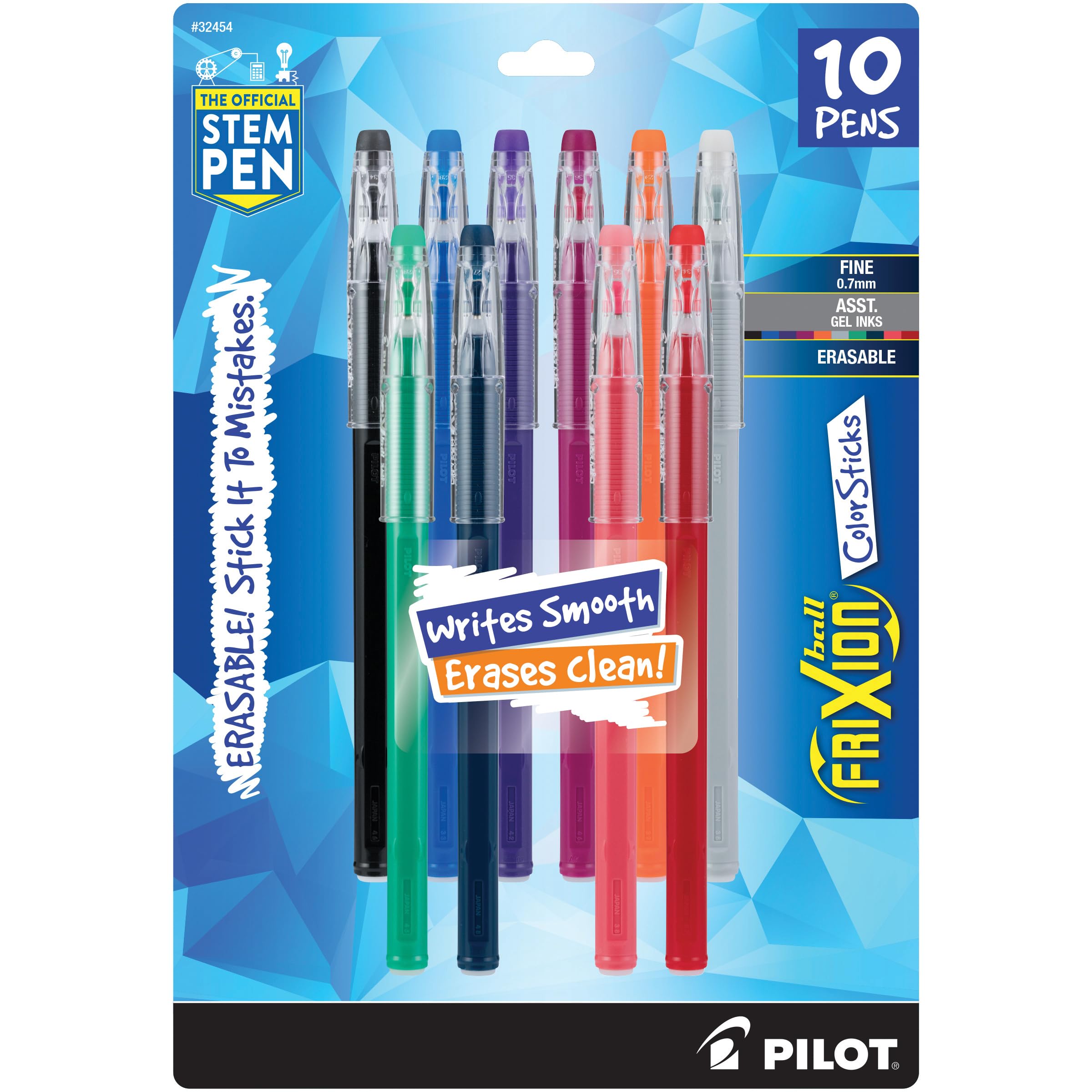 Pilot FriXion ColorSticks Erasable Gel Pens - 0.7mm Fine Point, 10-Pack Assorted Colors - Perfect for Note Taking, School, Office & Creative Writing