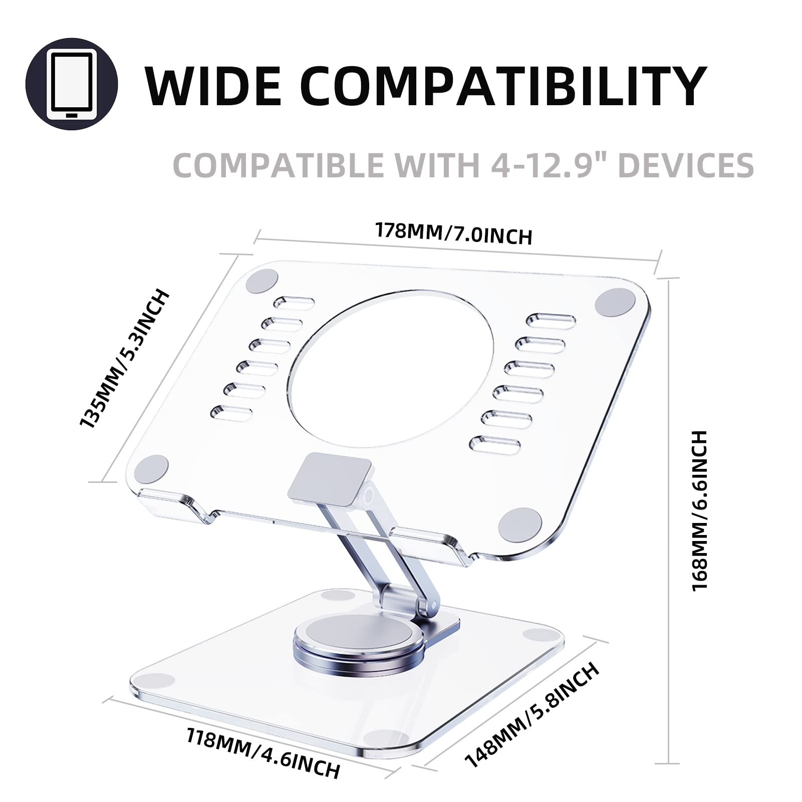 360° Rotating Adjustable Acrylic Tablet Stand - Foldable Clear Holder for iPad Pro/Air/Mini, Kindle, Surface Pro, Galaxy Tab & Phones (4-13 Inch) | Perfect for Home Office, Bedroom & Travel Use