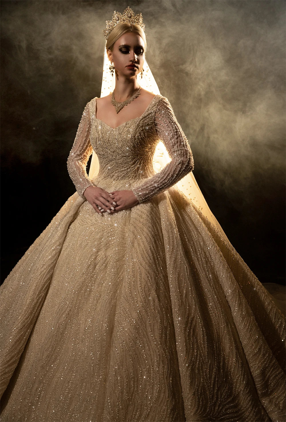 Elegant Square Collar Long Sleeve Wedding Dress - Luxury Bridal Gown for Church, Garden & Beach Weddings