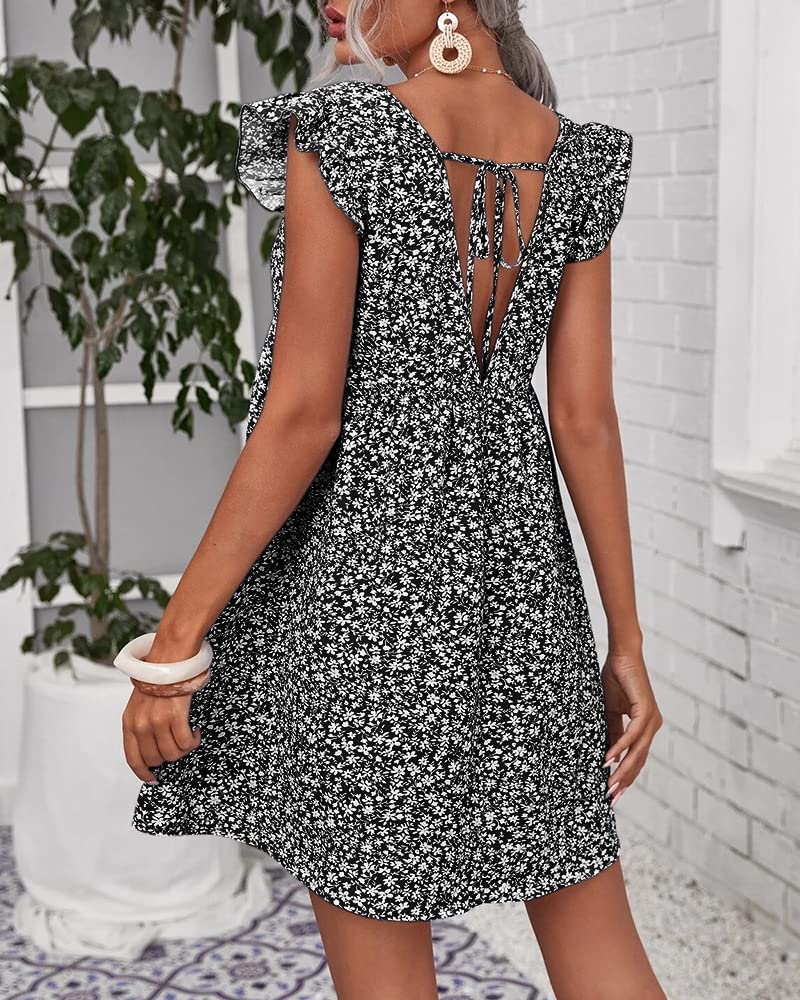 Boho Floral Summer Dress for Women - Casual Backless V-Neck Mini Sundress with Ruffles | Perfect for Beach Vacations, Pool Parties & Summer Outings