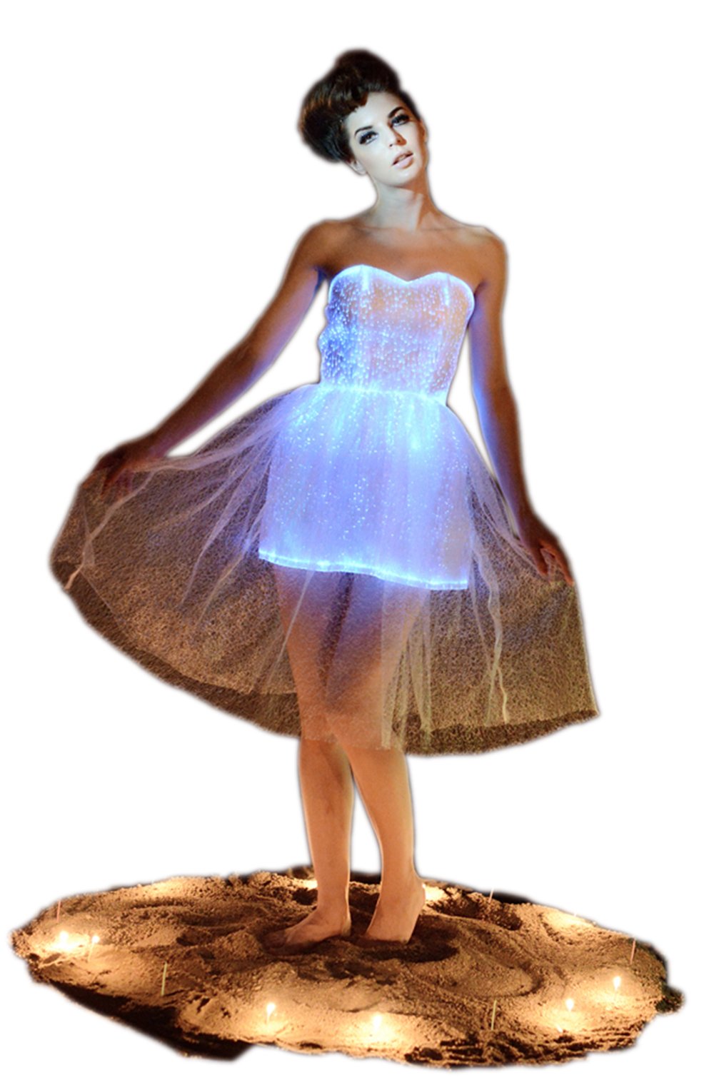 Glow in The Dark Strapless Lace Wedding Bridesmaid Dress - Backless Party & Dance Wear with Mobile APP Control (Size S, White) for Evening Events, Prom, and Special Occasions
