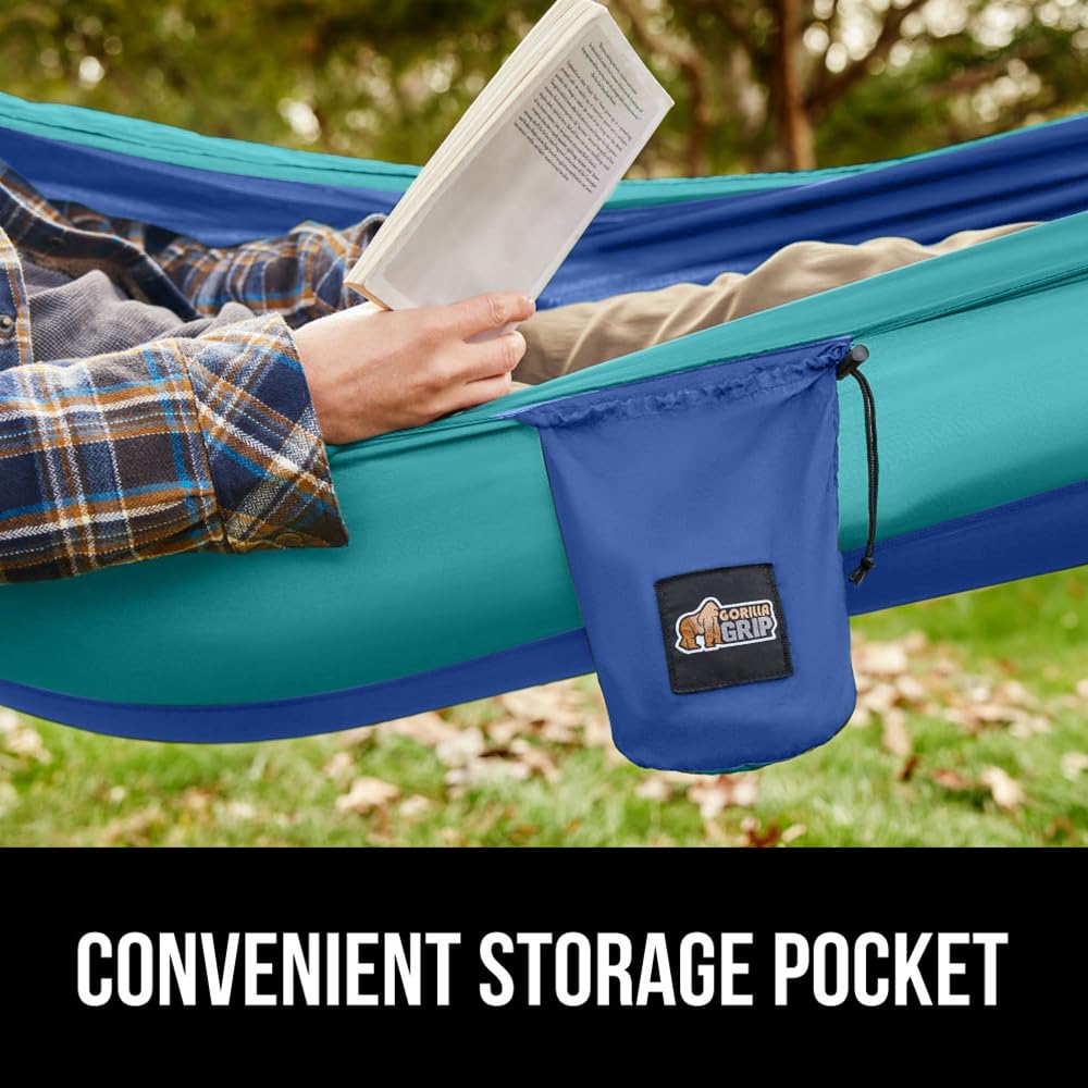 GORILLA GRIP Heavy Duty Camping Hammock - 400lb Capacity with Reinforced Tree Straps, 9x4.5 FT Portable Travel Hammock for Outdoor Adventures (Blue) - Perfect for Backpacking, Beach Lounging & Backyard Relaxation