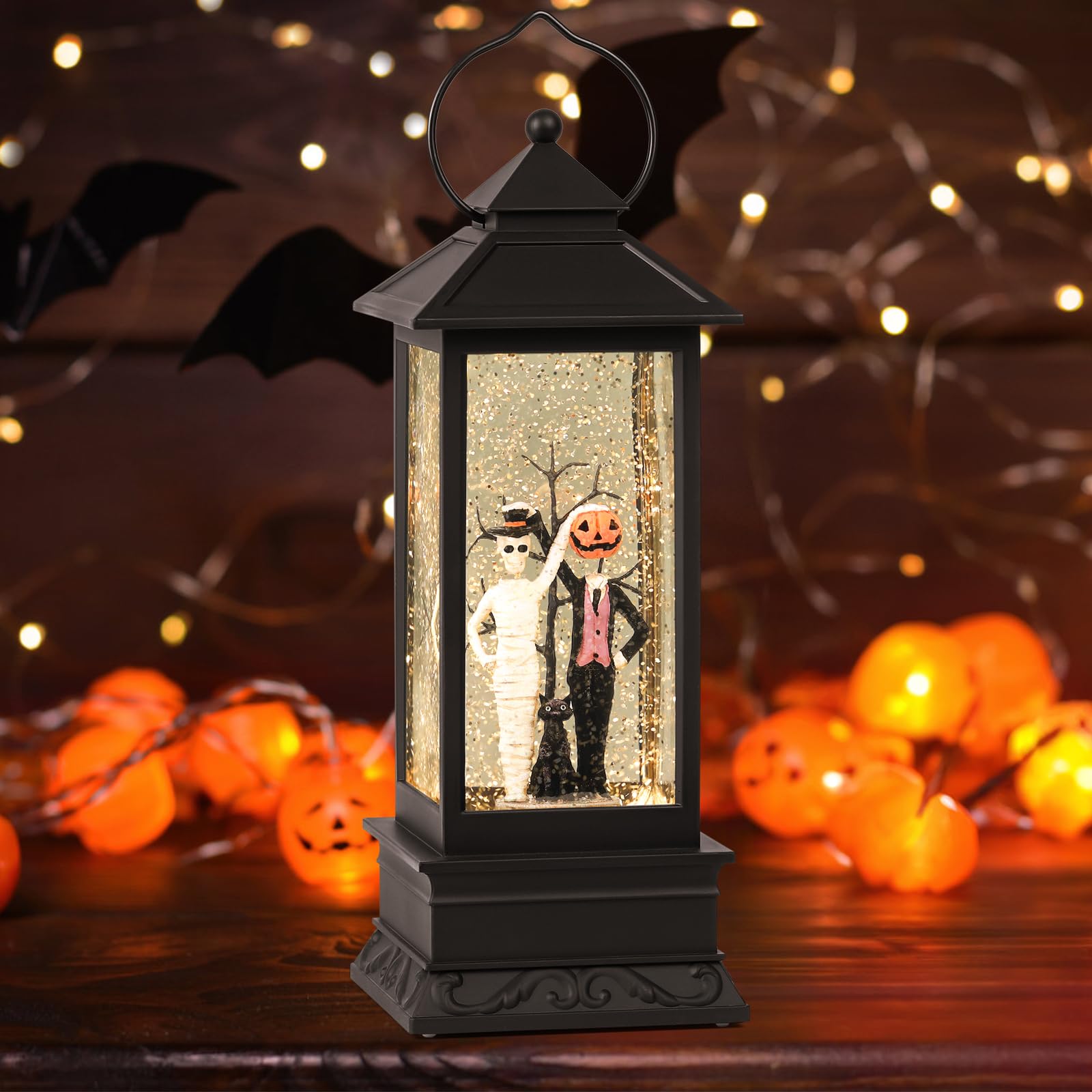 **Halloween Snow Globes with Skull & Black Cat Scene - Glittering LED Lantern with Timer, USB/Battery Powered for Spooky Home Decor - Perfect for Halloween Parties, Indoor & Outdoor Displays**