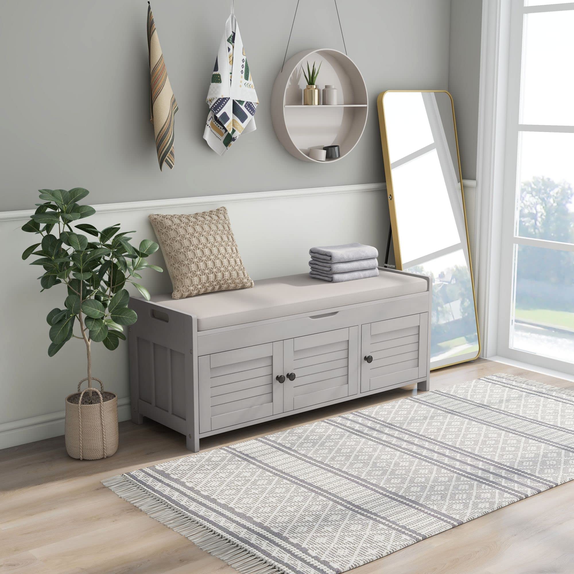 Rustic Wood Storage Bench with 3 Shutter Doors - Multipurpose Entryway Shoe Bench with Removable Cushion & Hidden Storage - 3-in-1 Entry Hall Organizer (Type B-Gray Wash) - Perfect for Mudroom, Living Room & Bedroom Storage Solutions