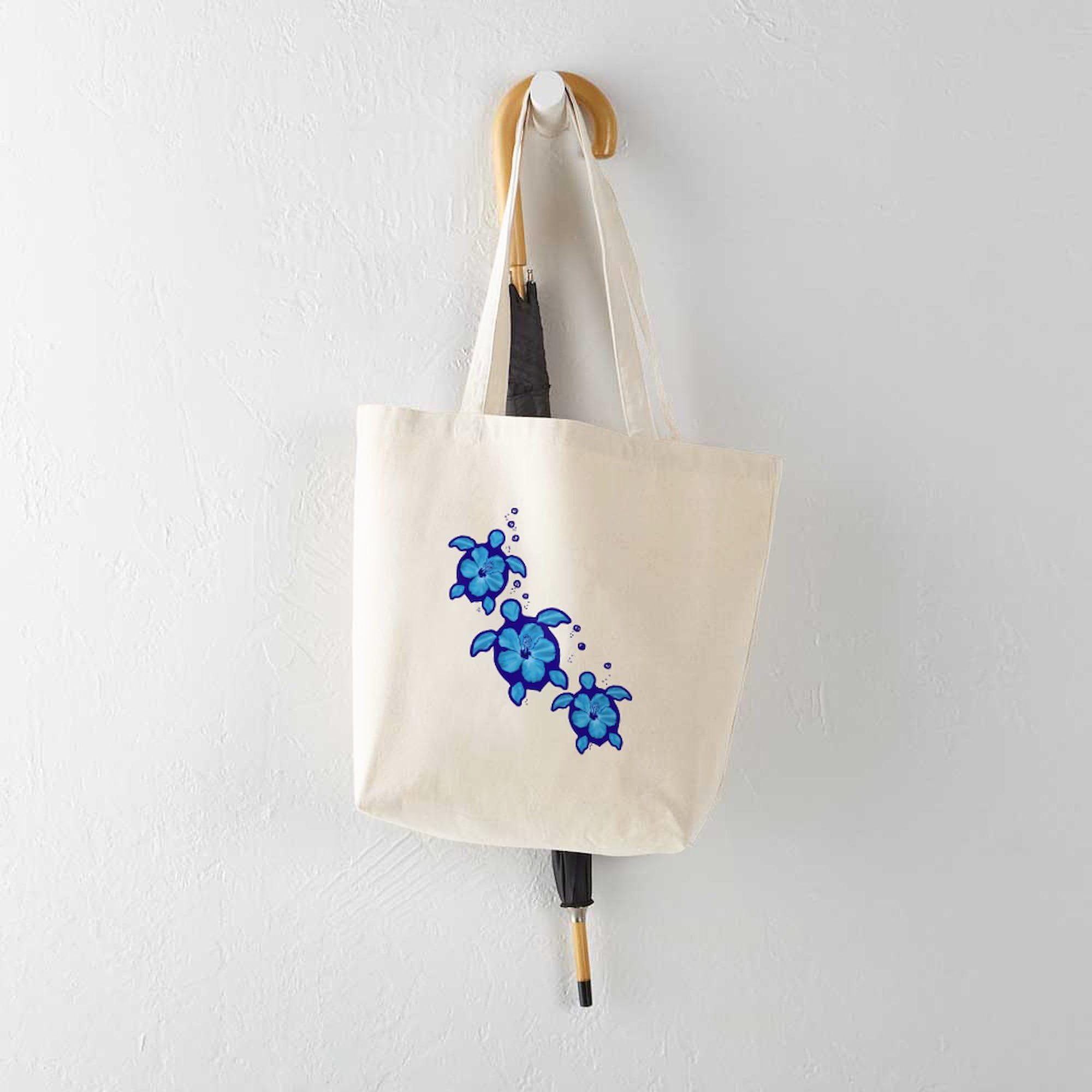 Blue Hibiscus Honu Turtles Canvas Tote Bag - Eco-Friendly Reusable Shopping Bag for Beach, Grocery & Daily Use | Natural Cotton Carryall for Women & Men