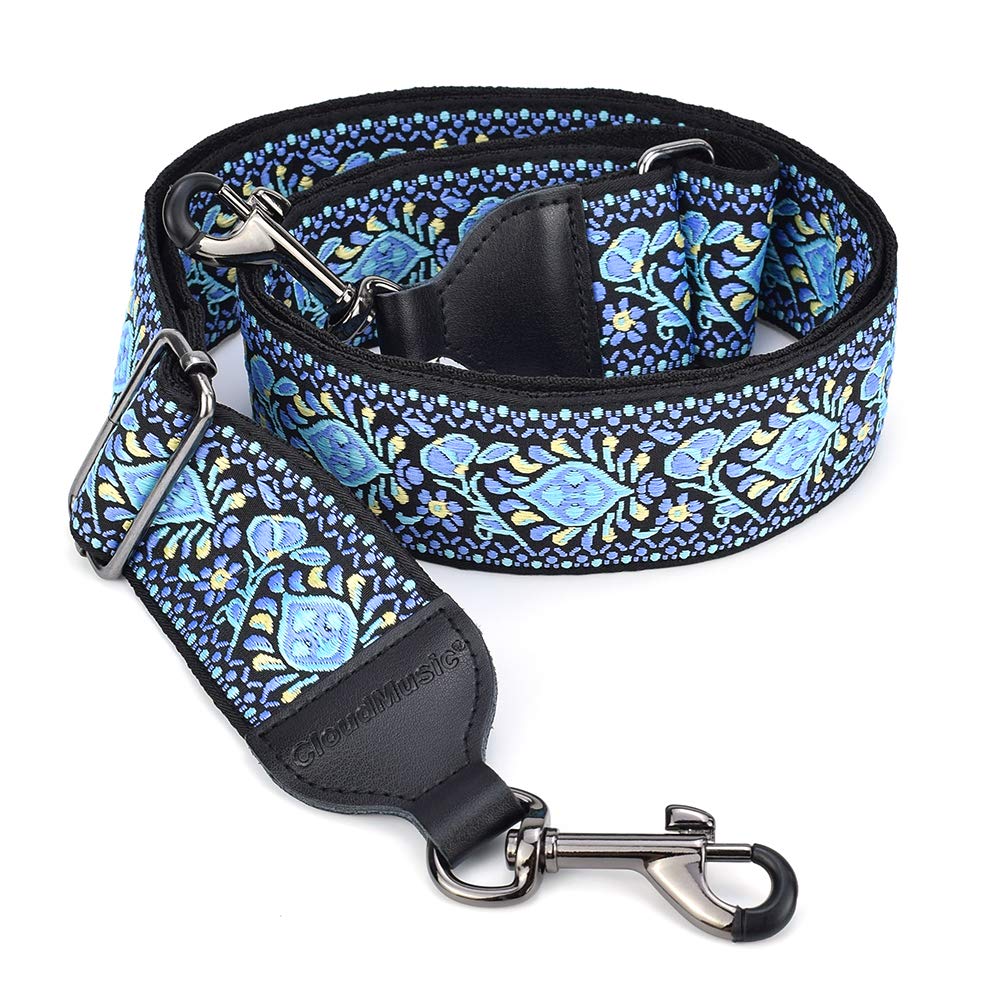 Premium Jacquard Woven Guitar Strap with Leather Ends & Metal Clips - Blue Pattern Banjo Strap for Handbag & Purse | Perfect for Musicians & Fashion Accessories