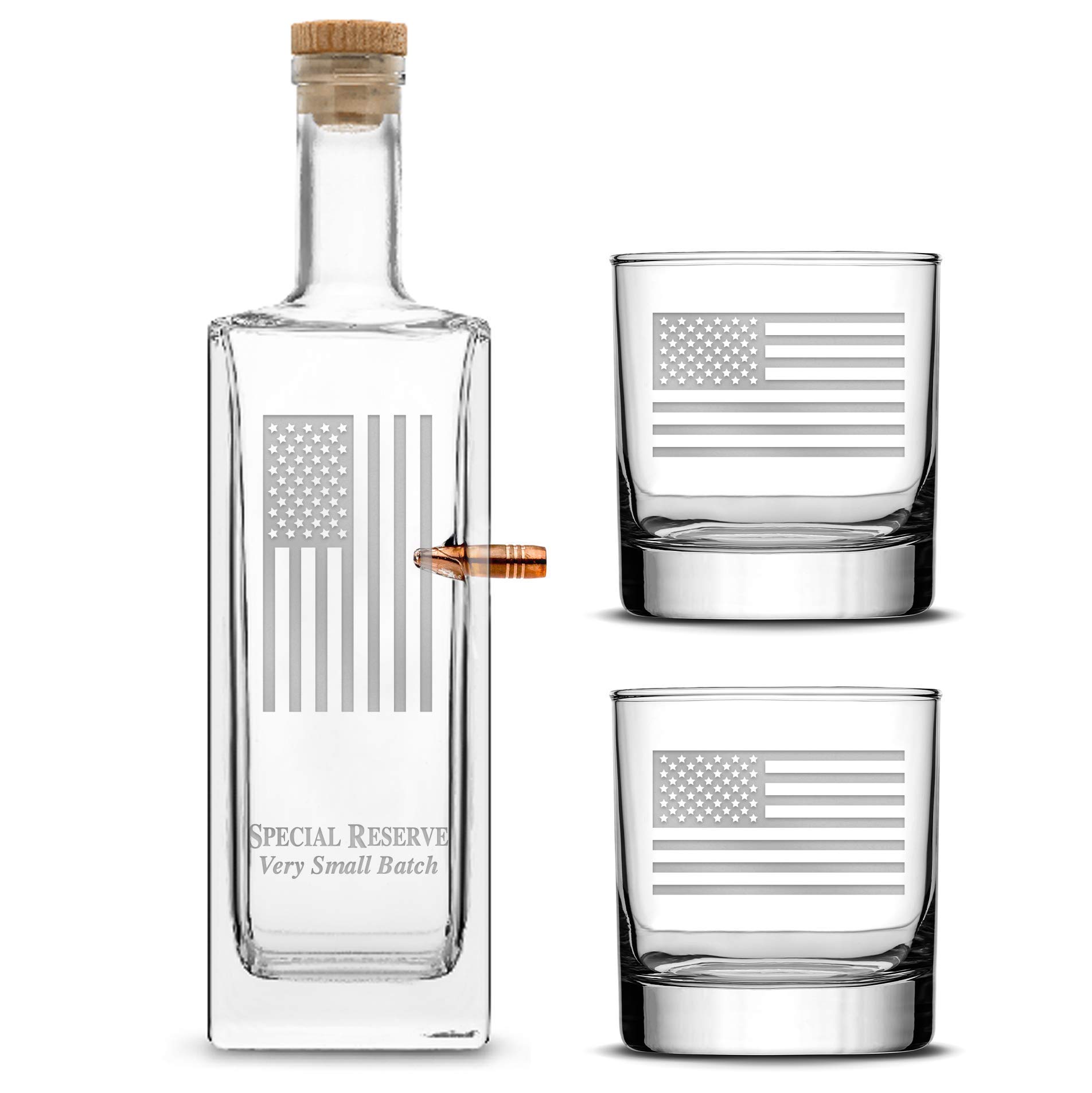 Premium .50 Cal Liberty Style Liquor Bottle Set - Handmade American Flag Design, Handblown & Sand Carved Glass, 750ml - Perfect for Patriotic Gifts, Home Bar Decor, and Whiskey Enthusiasts