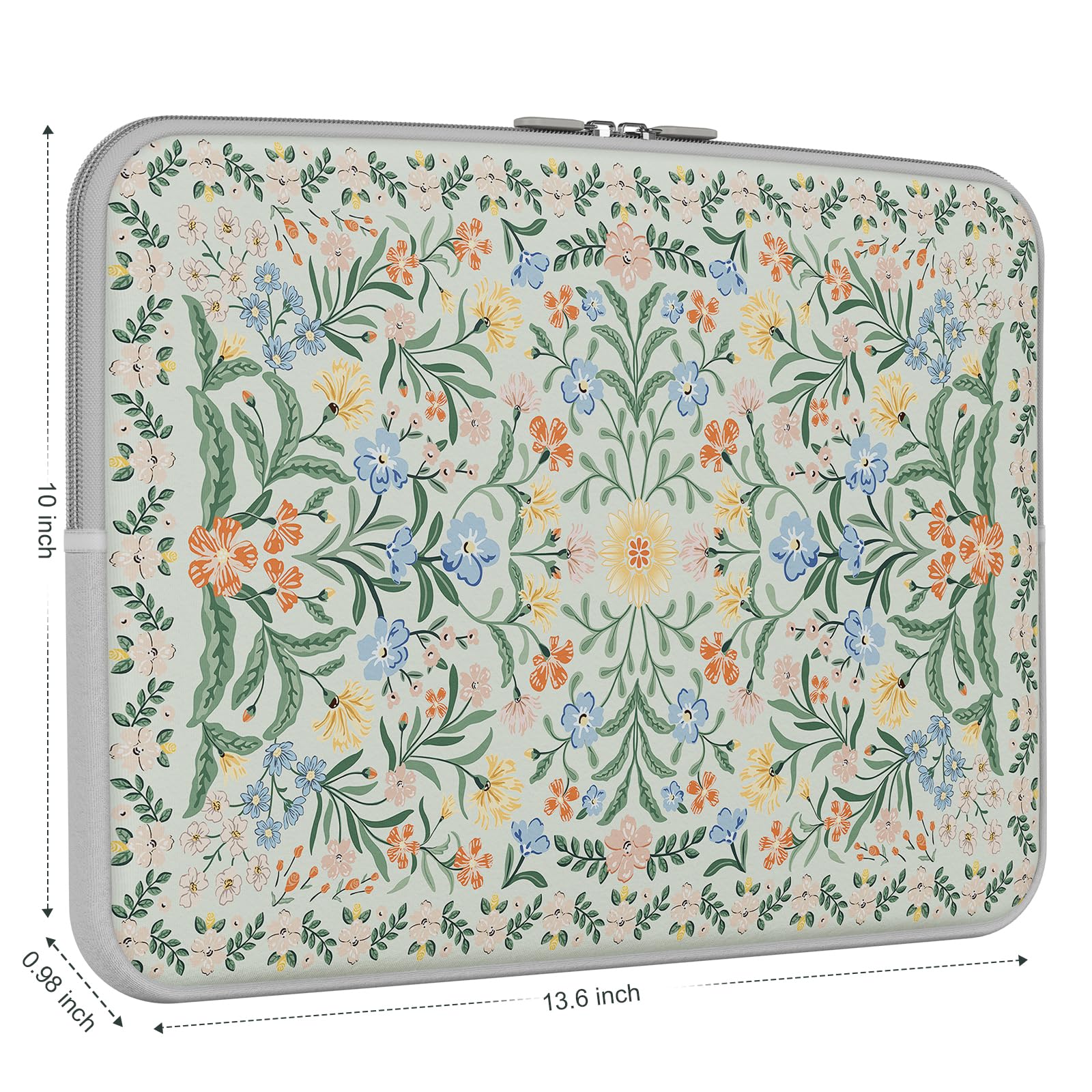iCasso 13-14 Inch Laptop Sleeve for MacBook Air/Pro, Chromebook & HP - Slim Protective Travel Case with Green Boho Floral Design | Perfect for Work, School & Commuting