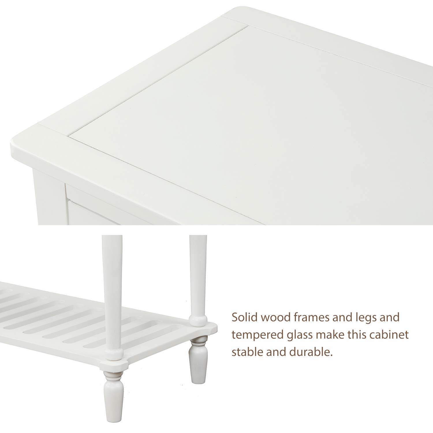 Farmhouse Style Sideboard Console Table with Glass Top and Bottom Shelf - Entryway Sofa Table, Buffet Storage Cabinet for Living Room, Hallway & Dining Room - White