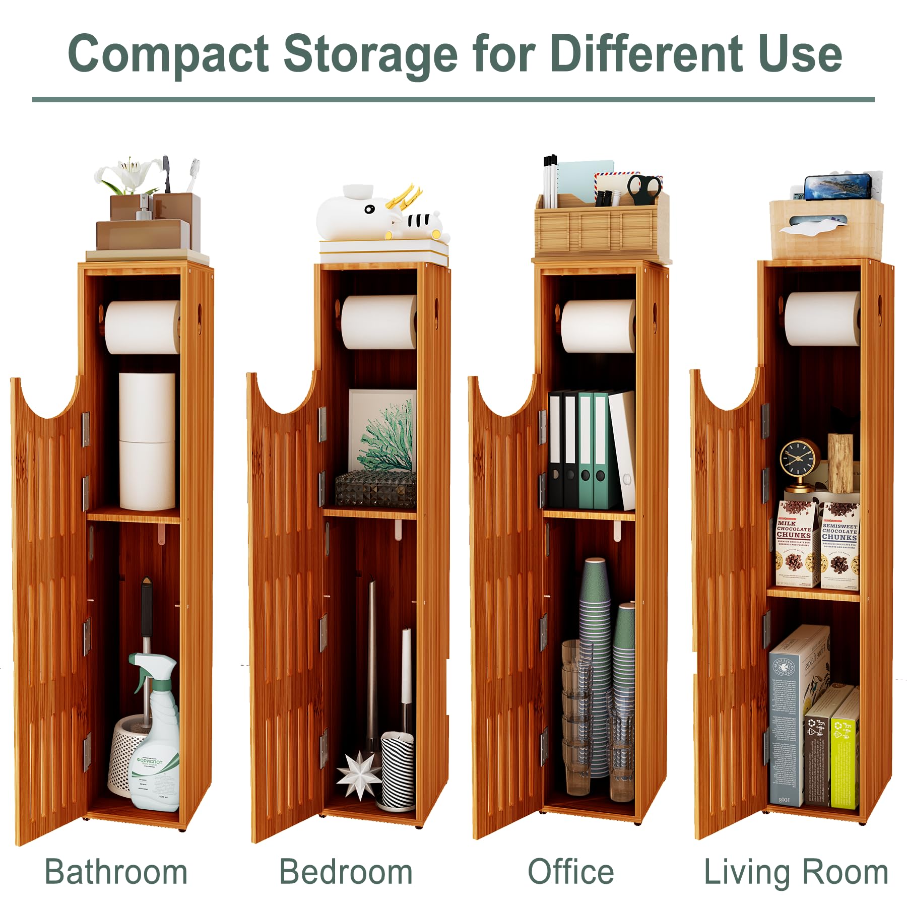 Bamboo Toilet Paper Holder with Storage - Slim Bathroom Cabinet for Small Spaces (33x7.3x6.5