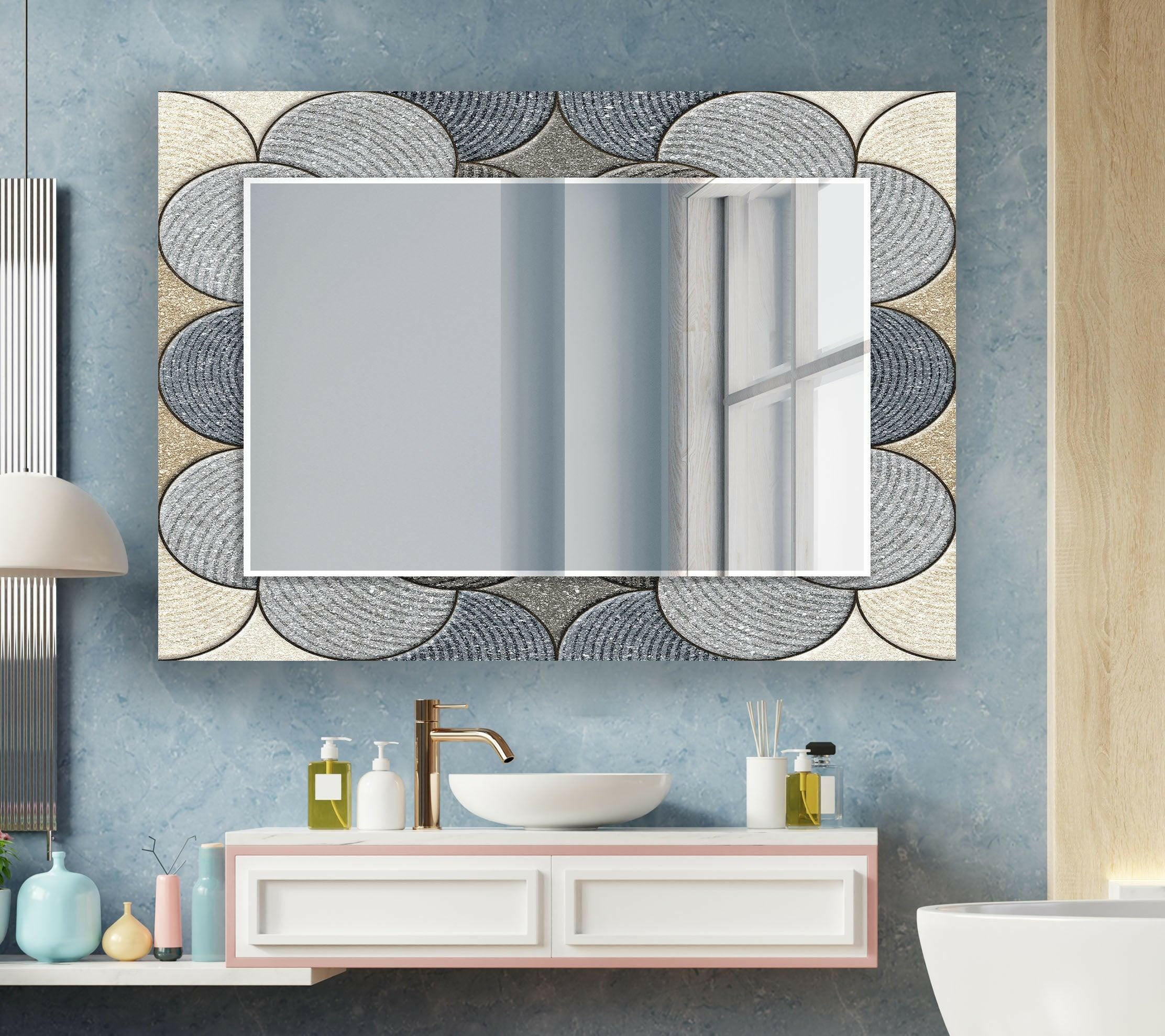 Modern Beige and Gray Circles Design Wall Mirror - Stylish Round Decorative Mirror for Living Room, Bedroom, or Entryway Decor