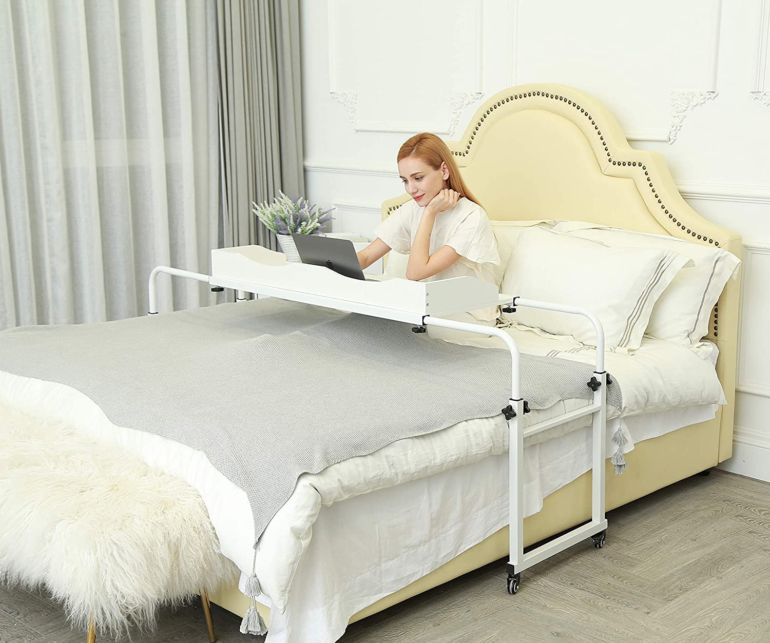 UNICOO Adjustable Overbed Table with Wheels - Height & Width Customizable for Full, Queen, King Beds - Rolling Medical Desk for Hospital, Home, Office (202-White) - Perfect for Eating, Working, Studying in Bed or Recovering Patients