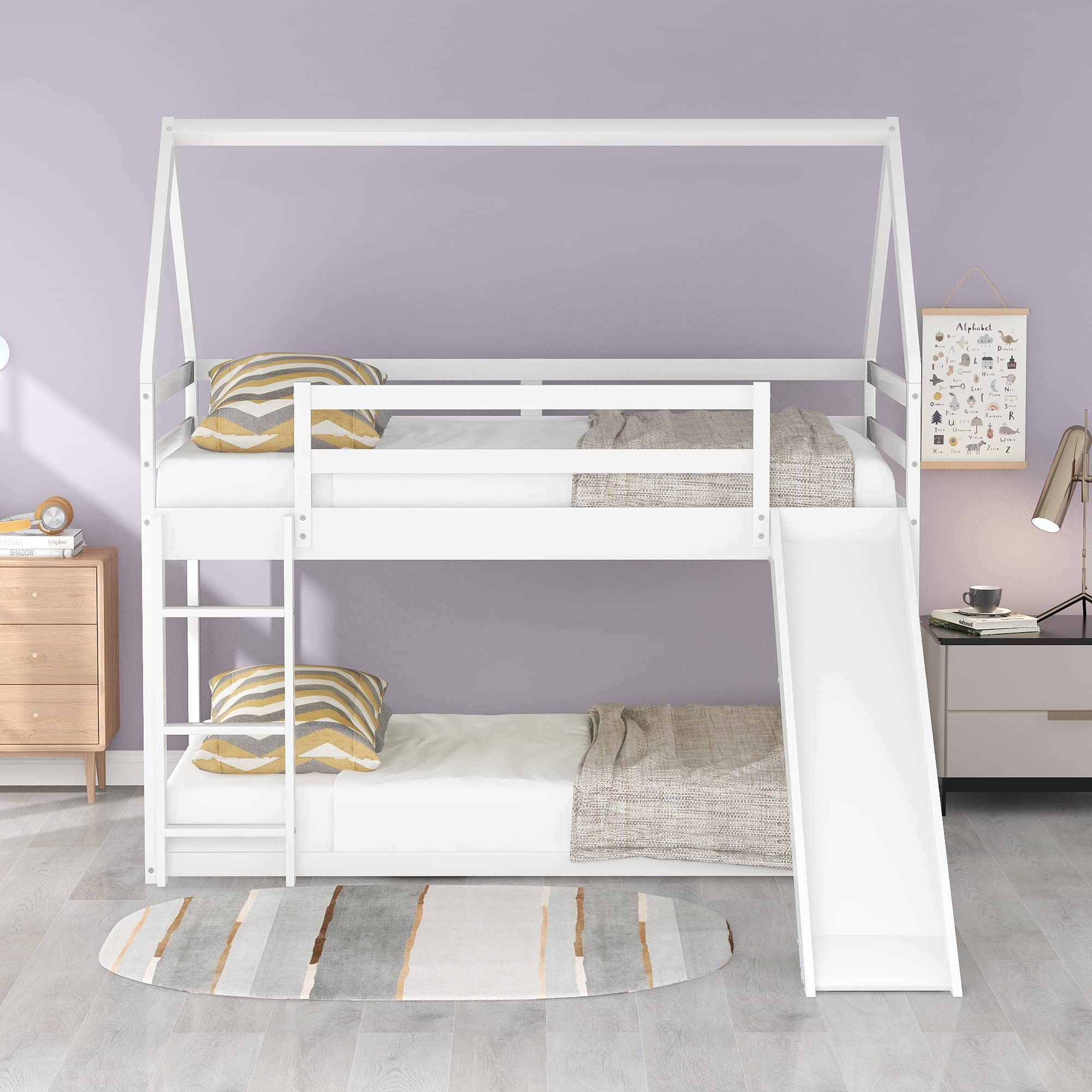 Harper & Bright Designs Twin Bunk Beds for Kids - Wooden House Style with Slide & Roof - Space-Saving Twin Over Twin Bunk Bed for Boys & Girls - Perfect for Small Bedrooms, Kids' Rooms & Shared Spaces - White