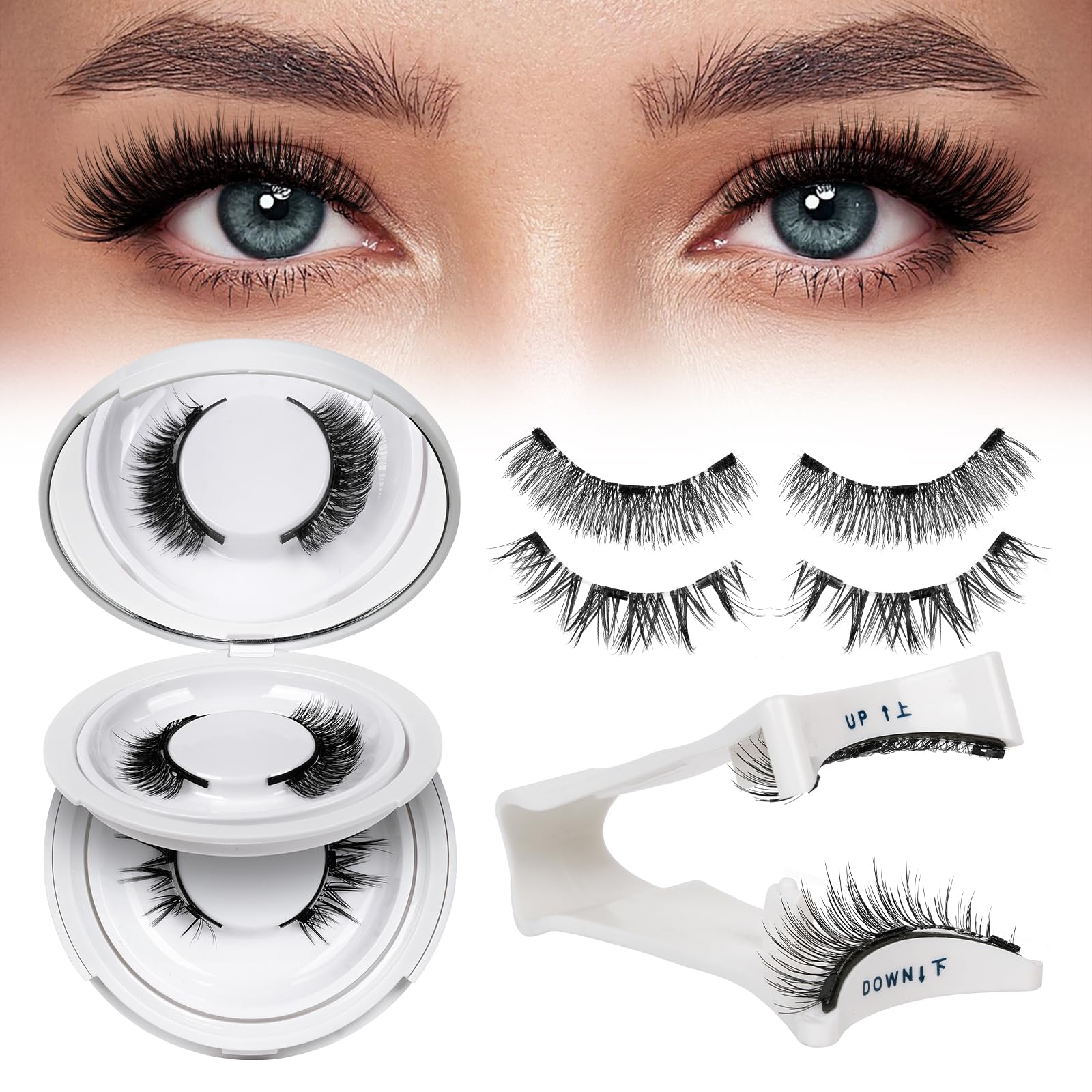 QUEWEL Magnetic Eyelashes Kit - 2 Pair Reusable No Glue False Eyelashes with Applicator | Cat Eye Natural Look Lash Clusters | Easy to Wear & Remove for Daily Makeup, Parties & Special Occasions (A03)