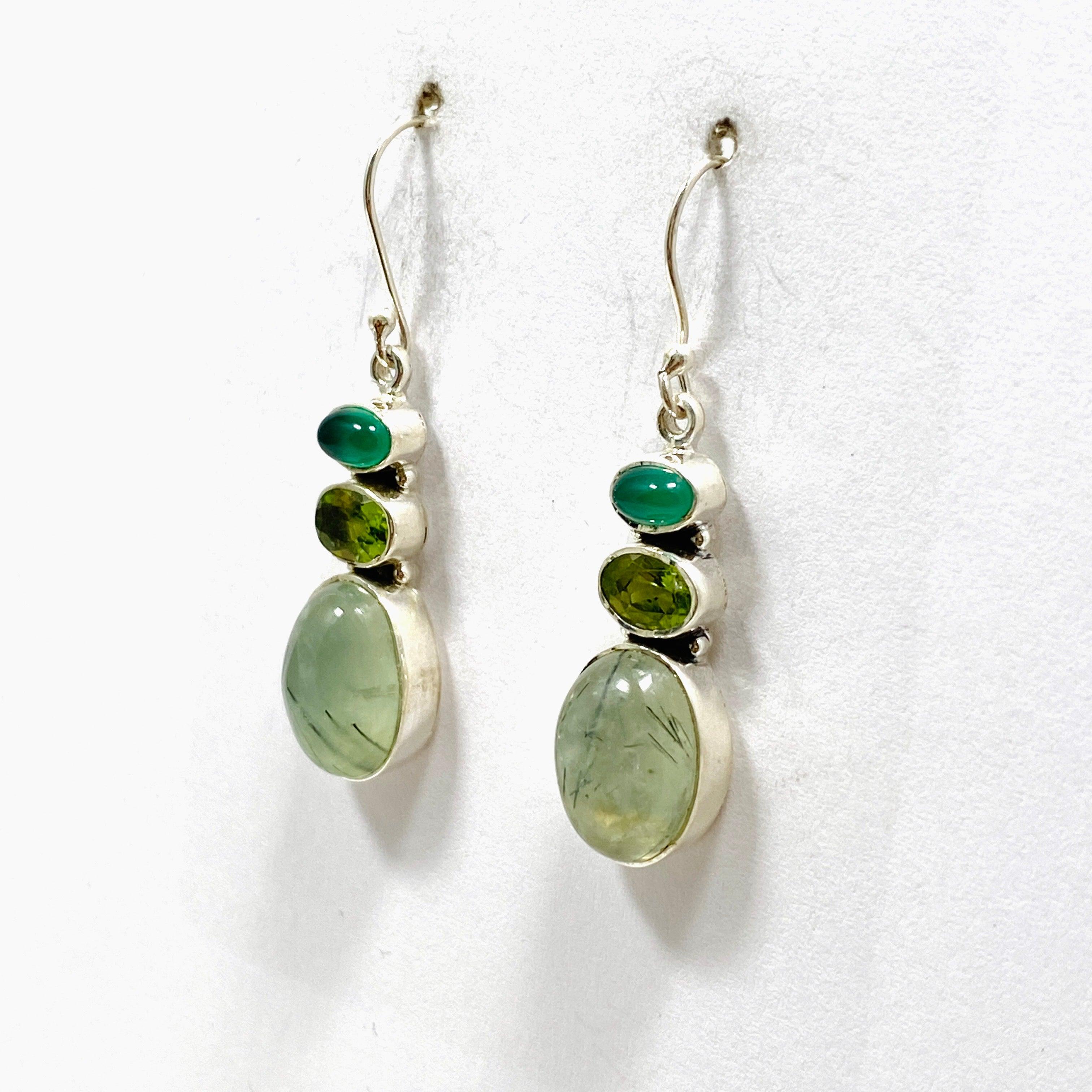 Natural Prehnite Peridot Green Chalcedony Multi-Stone Dangle Earrings for Women | Handmade Bohemian Jewelry | Perfect for Weddings, Parties & Special Occasions