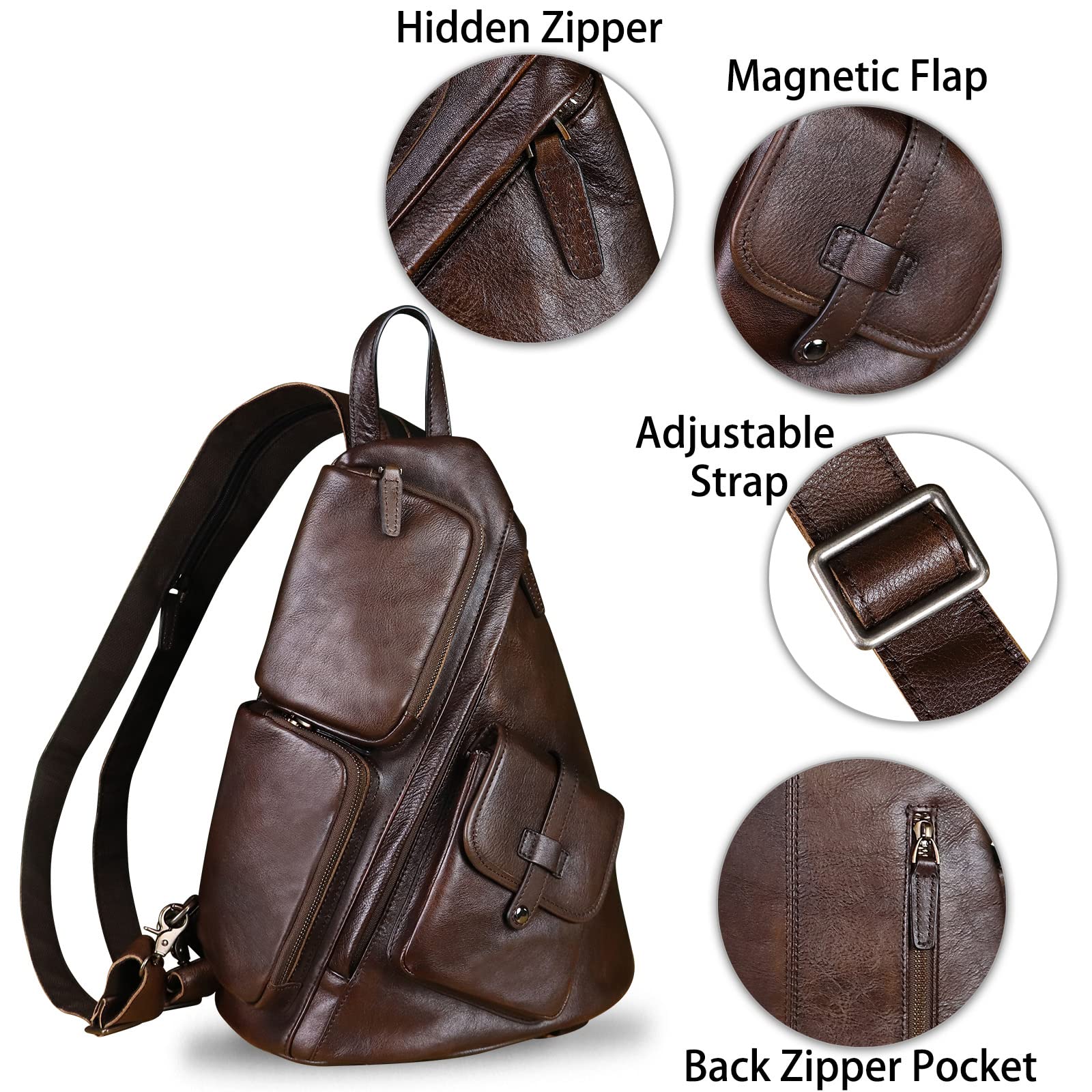 Premium Genuine Leather Large Sling Bag for Men & Women - Crossbody Chest Shoulder Backpack Purse - Fits iPad & Essentials - Perfect for Travel, Work & Daily Commute (Coffee)