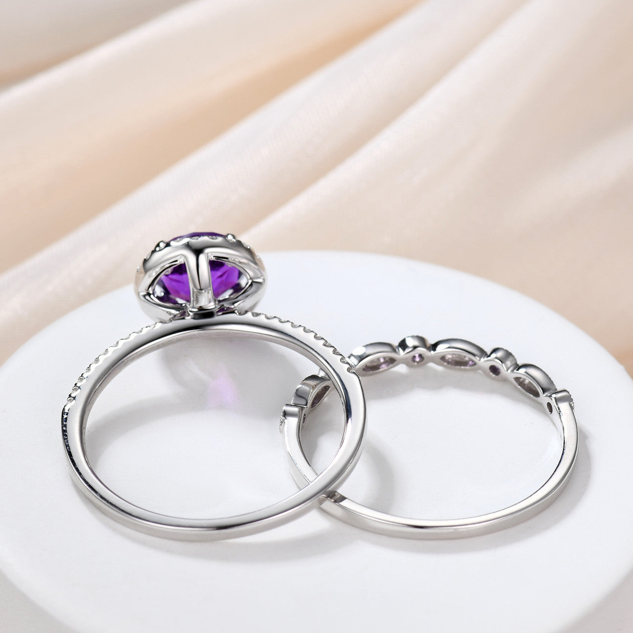 Amethyst Engagement Ring & Wedding Band Set - 14K White Gold with Diamonds, February Birthstone Jewelry Gift for Women, Anniversary, Promise, Valentine's Day - Perfect for Proposals, Weddings & Special Occasions