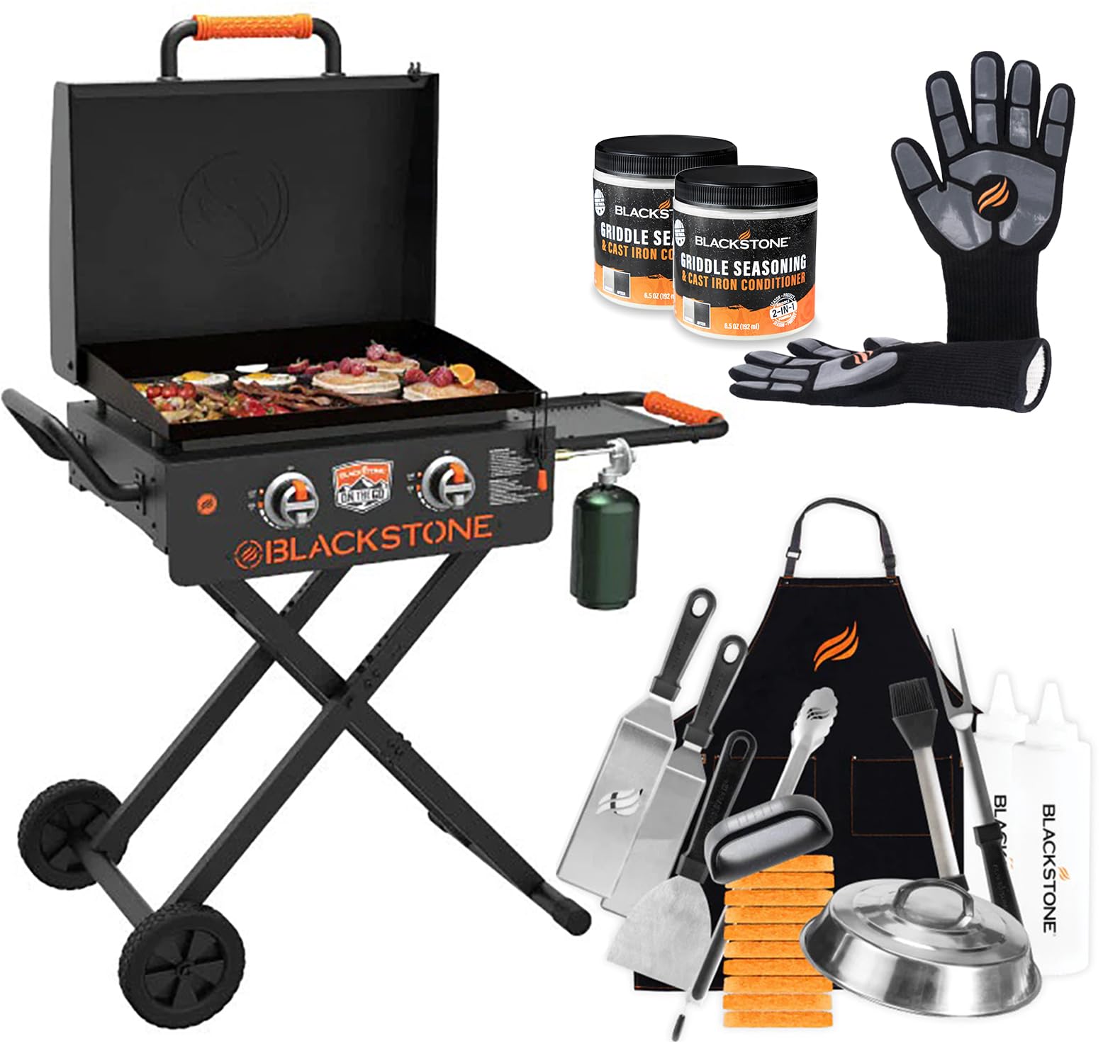22 Inch Blackstone Griddle with Hood & Stand - Foldable Outdoor Flat Top Gas Grill - Portable Propane BBQ Grill with Accessories, Seasoning & Gloves - Perfect for Camping, Tailgating & Backyard Cooking
