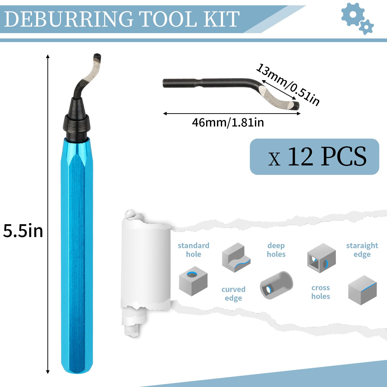 High Speed Steel Deburring Tool with 12 Blades - Perfect for Metal, Resin, Copper, Plastic & PVC Pipes - Ideal for 3D Printing, DIY Projects & Industrial Use (Blue Handle)