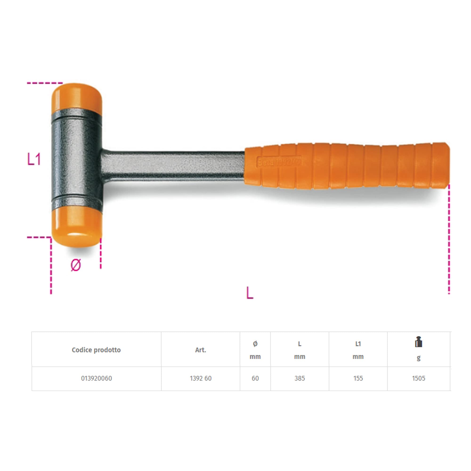 Beta 1392 Dead-Blow Hammer with Interchangeable Plastic Face & Steel Shaft - 60mm Face for Automotive, Woodworking, and Metalworking Projects