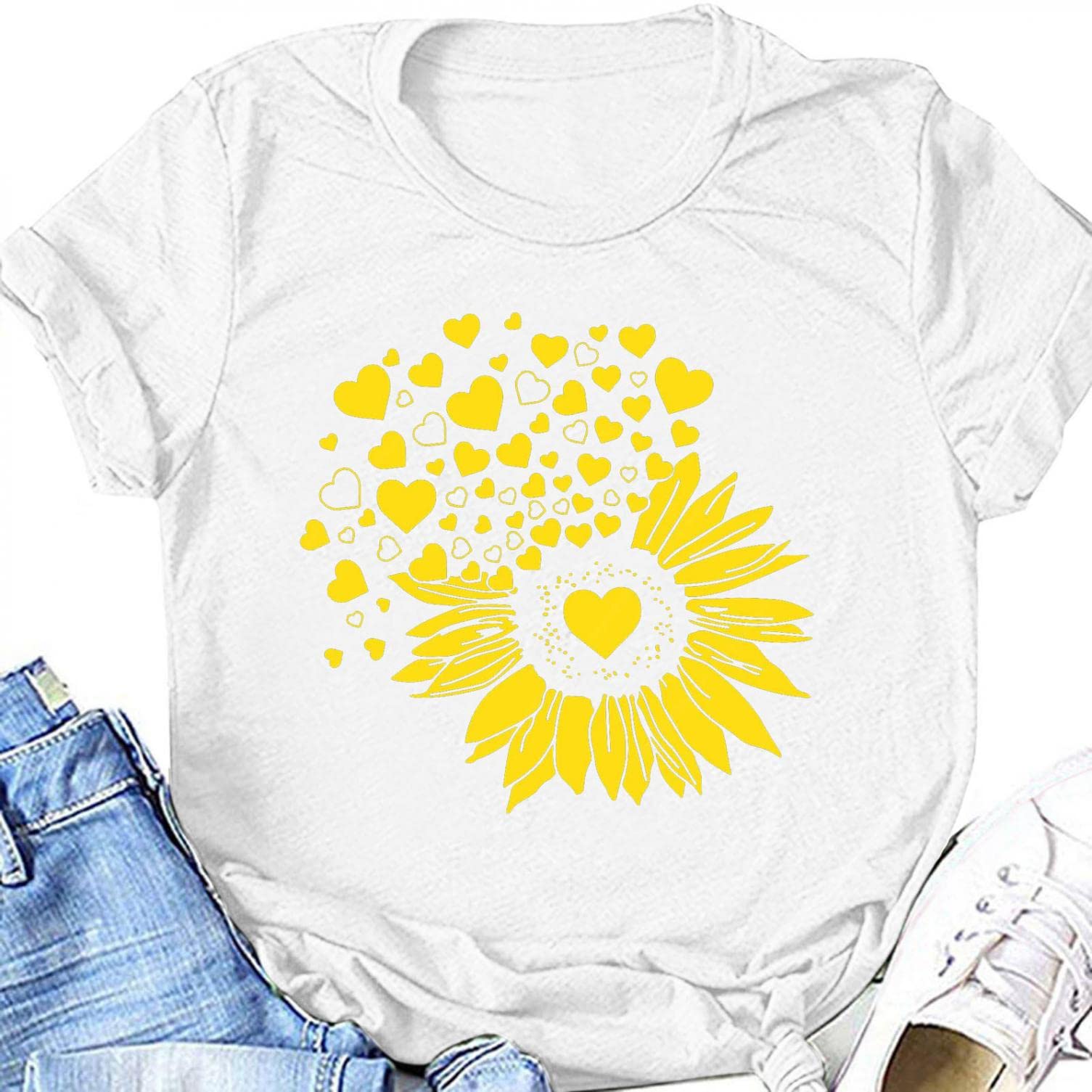 Women's Fashion Sunflower Print Graphic Short Sleeve T-Shirt - Comfortable Crew Neck Summer Top for Casual Wear, Outdoors & Daily Activities