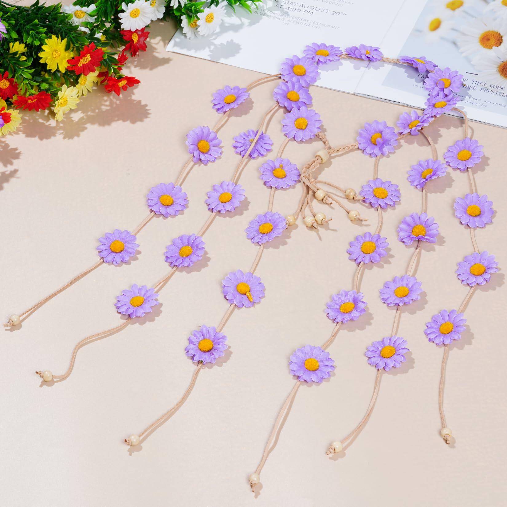 2pcs Bohemian Flower Headbands - Floral Crown Hair Accessories with Sunflowers in Beige & Purple for Festivals, Weddings, and Summer Outfits