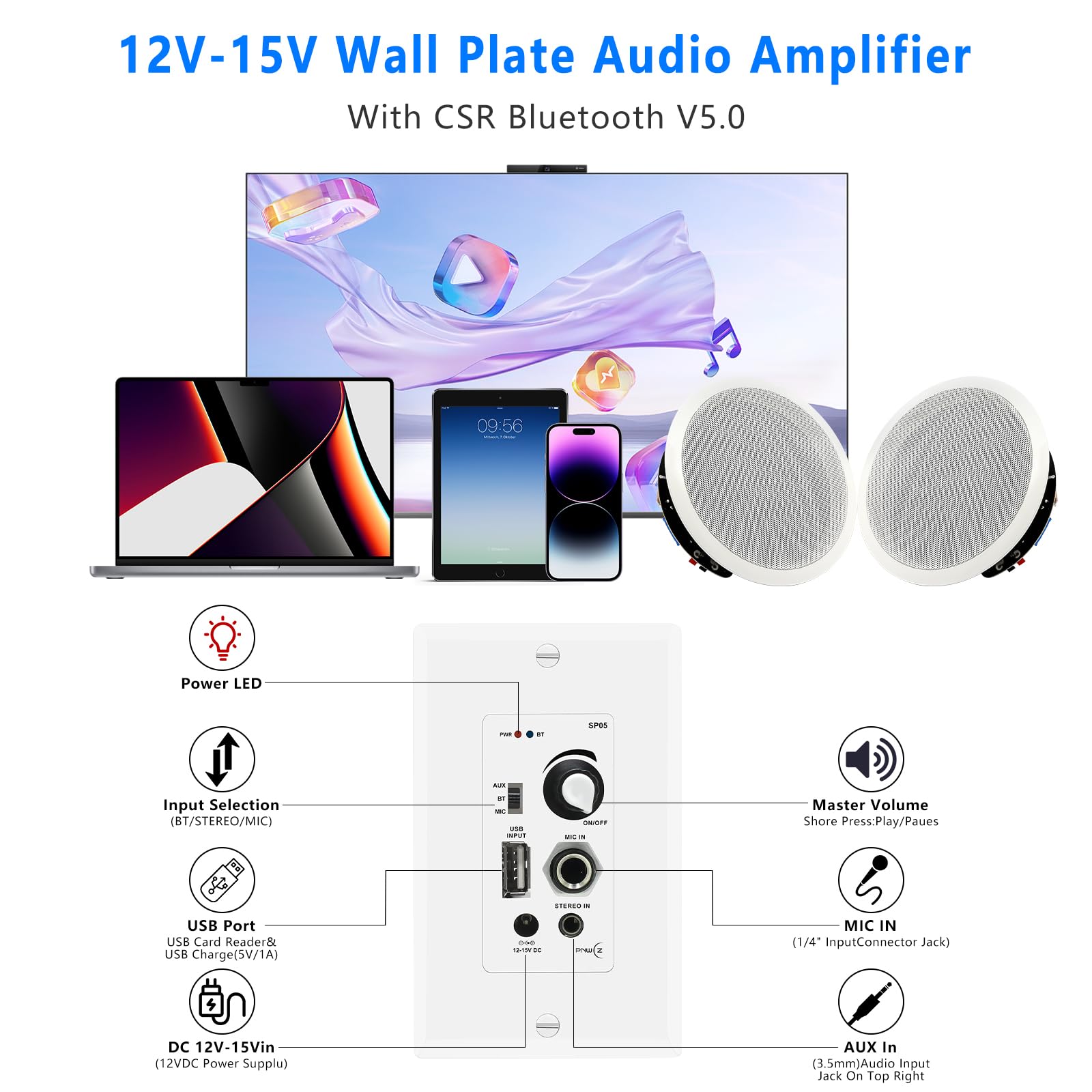 6.5'' Bluetooth In-Ceiling Speakers with Wall Amplifier Receiver - 600W Flush Mount Ceiling & In-Wall Speaker System for Home Theater, Office, Bathroom, Living Room & Kitchen (2 Pairs) - Perfect for Whole-House Audio, Background Music & Immersive Entertainment