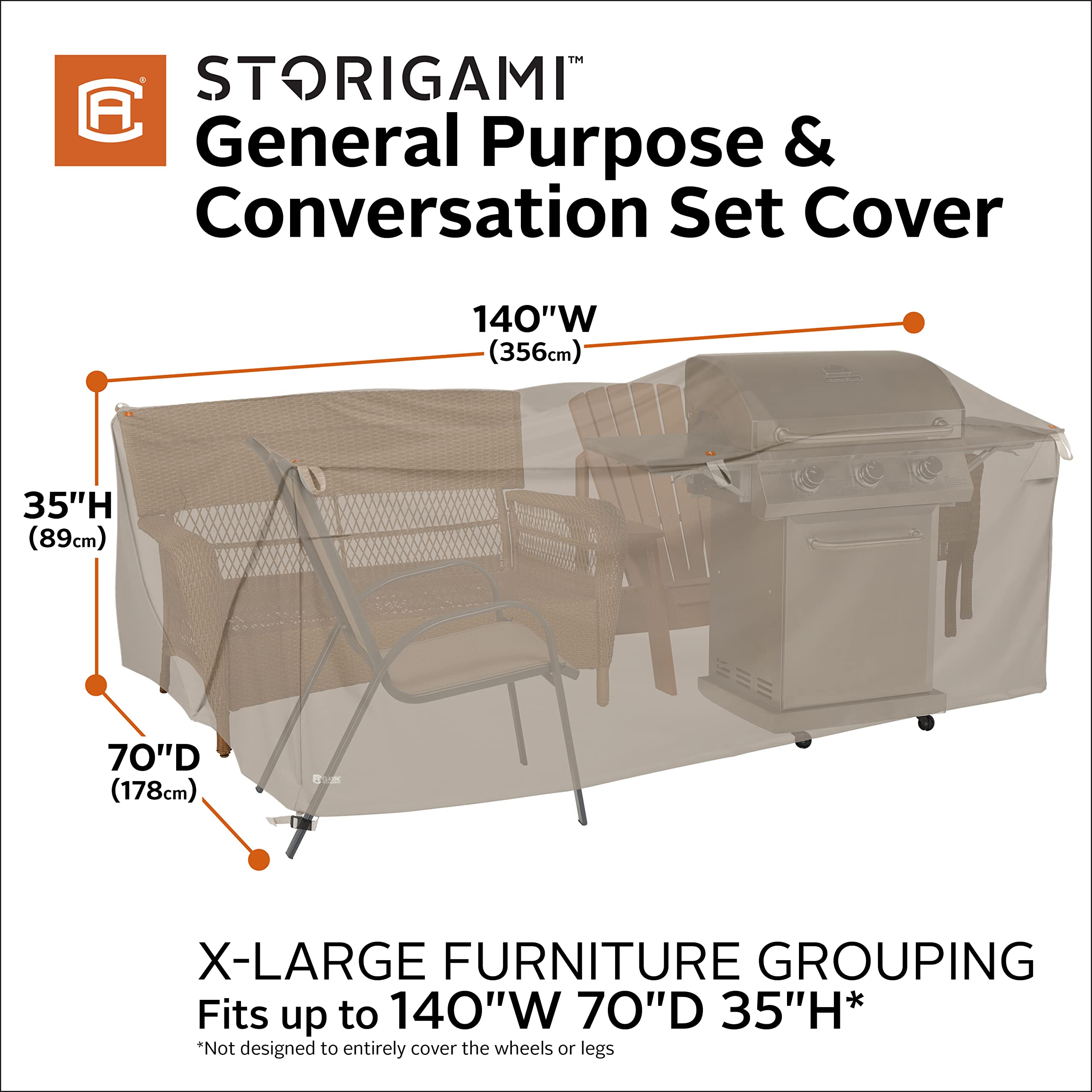 Storigami 140-Inch Water-Resistant Patio Furniture Cover – Easy Fold, Goat Tan – Outdoor Sofa & Chair Protector for Rain, Snow & UV Protection | Perfect for Decks, Gardens & Poolside