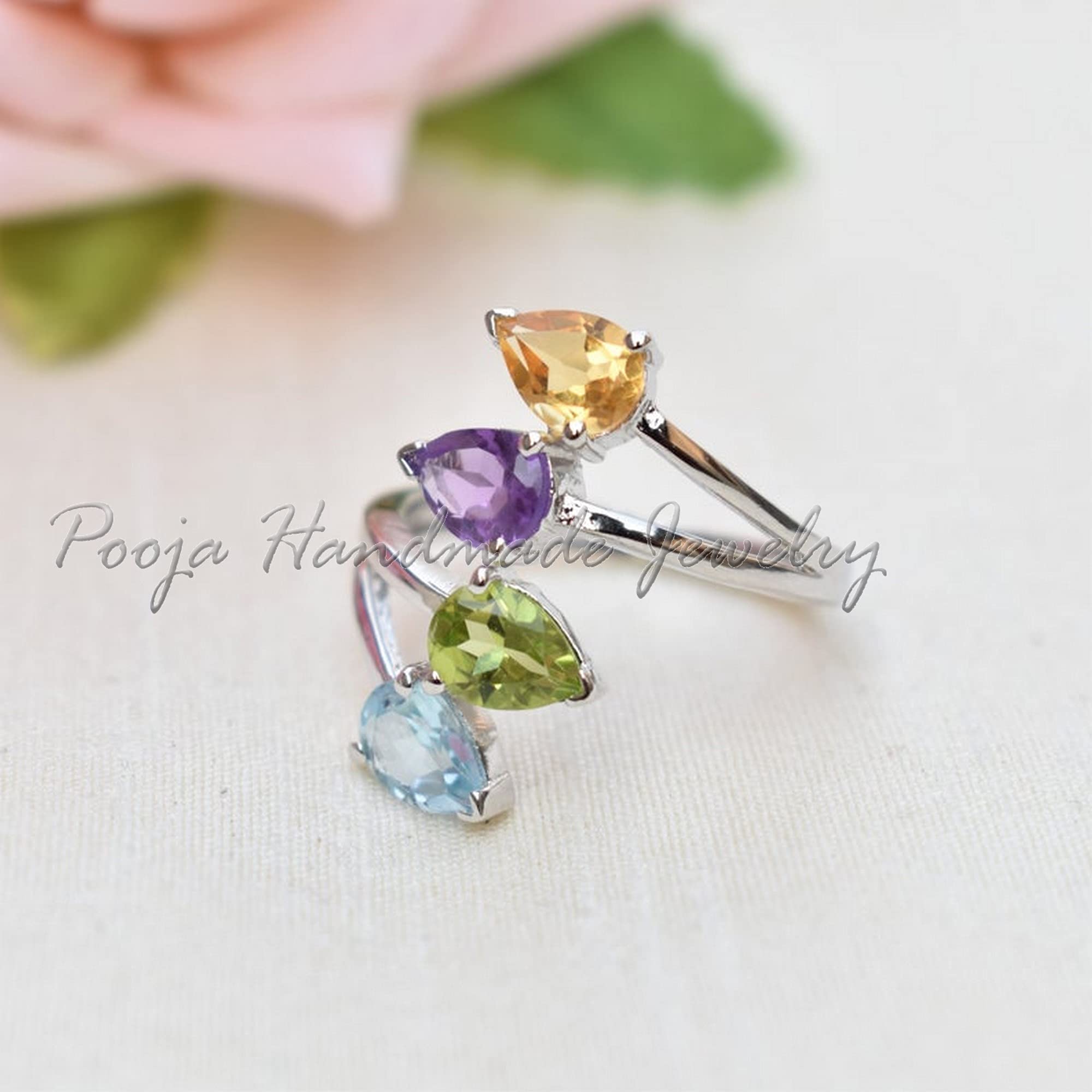 Multi Stone Ring - Blue Topaz Citrine Peridot Amethyst 925 Sterling Silver Handmade Spiral Ring | Engagement Jewelry, Wedding Gift for Her, Dainty Statement Piece | Perfect for Anniversaries, Date Nights & Special Occasions