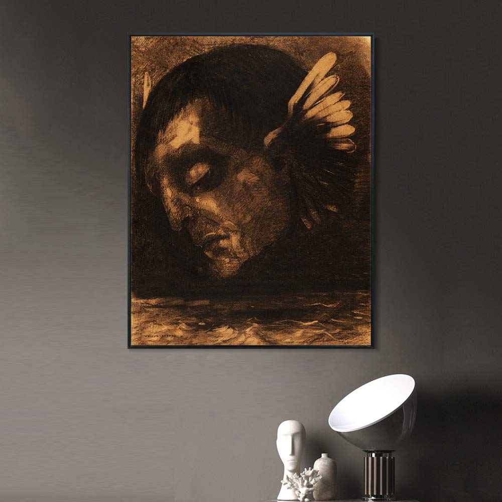 INVIN ART Framed Canvas Giclee Print - Winged Head by Odilon Redon Wall Art - Black Slim Frame 20x24 Inches - Perfect for Living Room, Bedroom & Home Office Decor