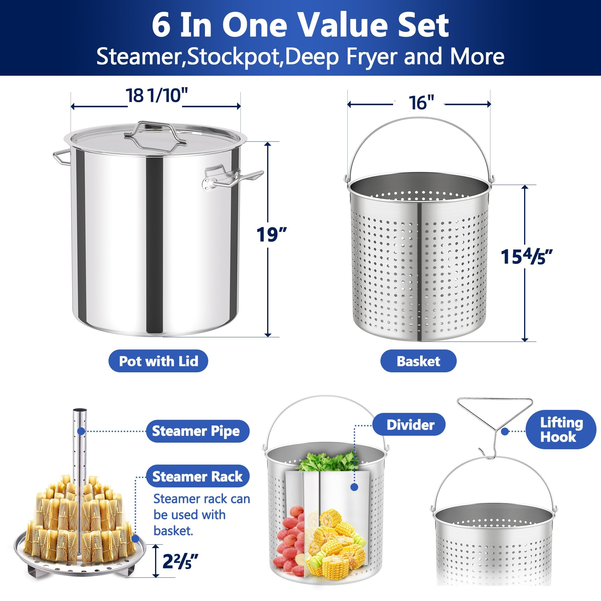 84-QT Stainless Steel Seafood Boiling Pot with Basket & Steamer Rack - Large Crawfish Crab Lobster Shrimp Cooker for Outdoor Cooking, Tamales Steamer (20 Gallon) - Perfect for Backyard Parties, Camping & Commercial Kitchens